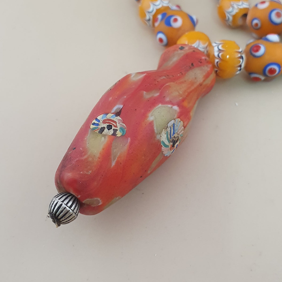 Vintage Venetian Style Skunk Eyes & Trade Glass Beads With old Face Glass Pendant Necklace