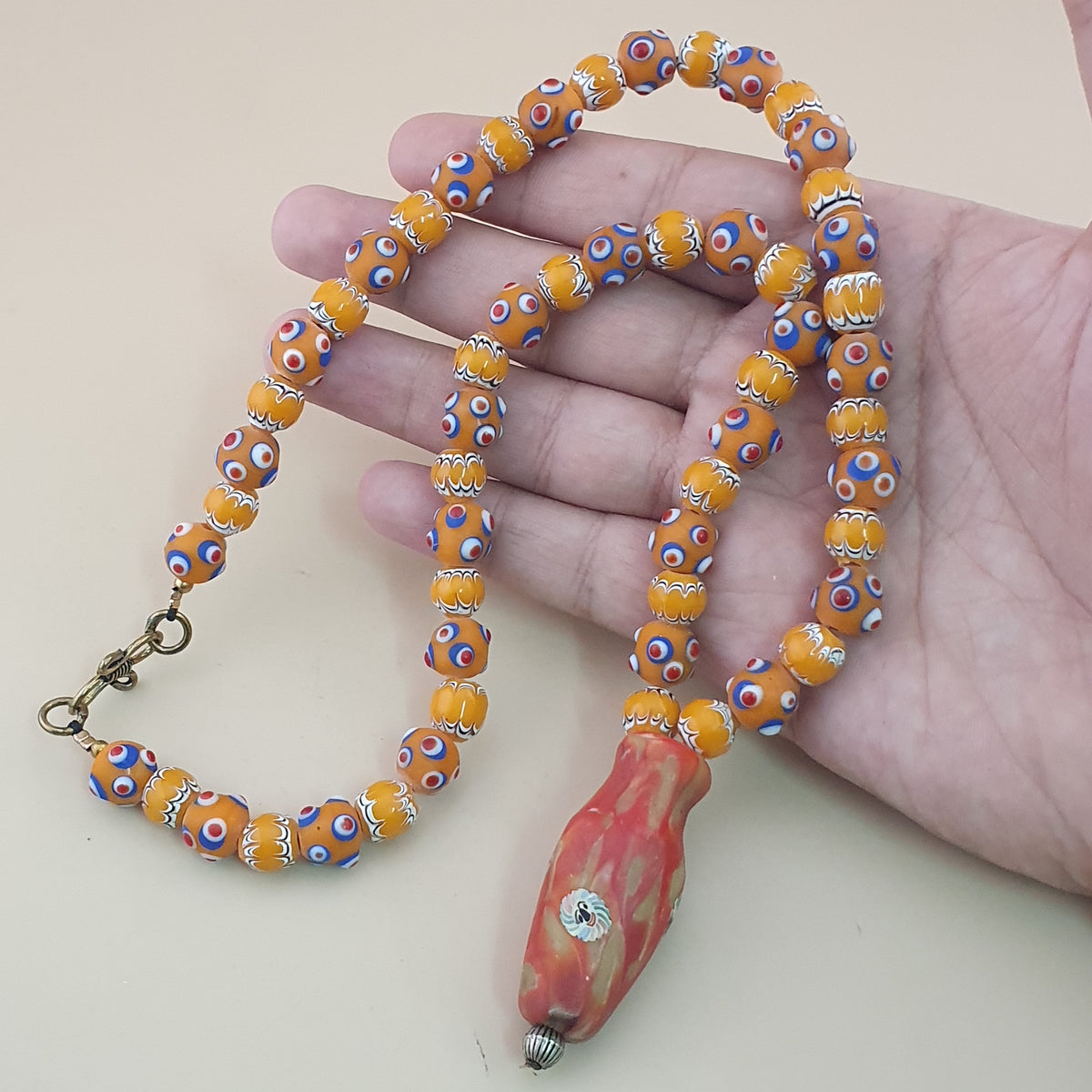 Vintage Venetian Style Skunk Eyes & Trade Glass Beads With old Face Glass Pendant Necklace