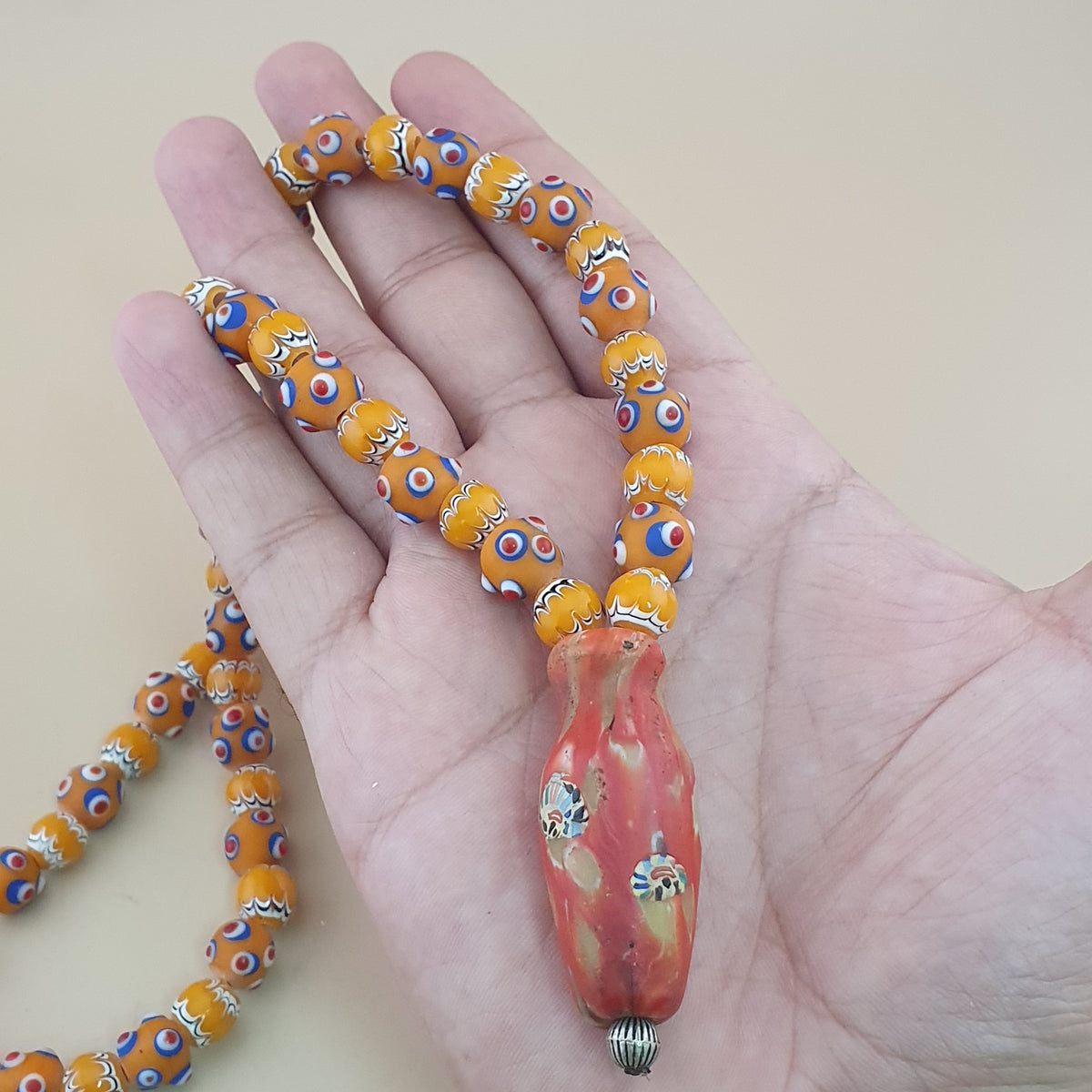 Vintage Venetian Style Skunk Eyes & Trade Glass Beads With old Face Glass Pendant Necklace