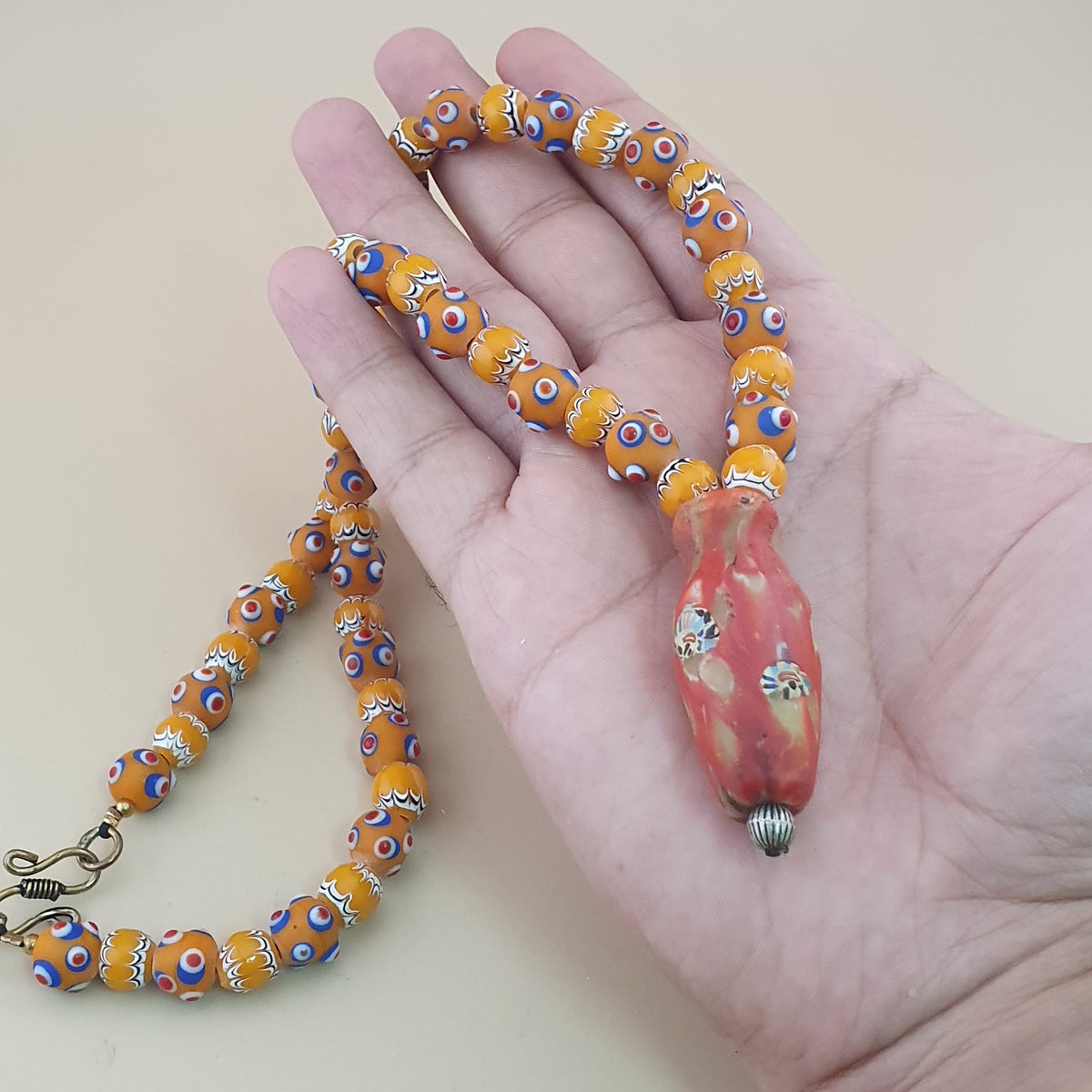 Vintage Venetian Style Skunk Eyes & Trade Glass Beads With old Face Glass Pendant Necklace