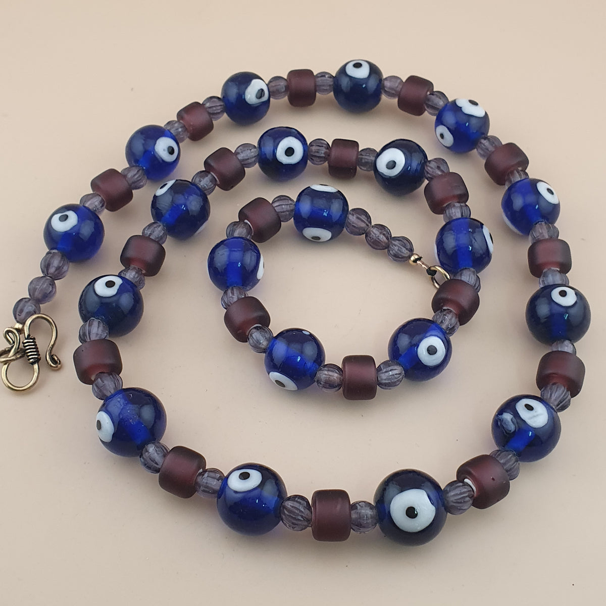 Collier de perles de verre style vénitien vintage « Evil Eyes » et « WhiteHeart » violet