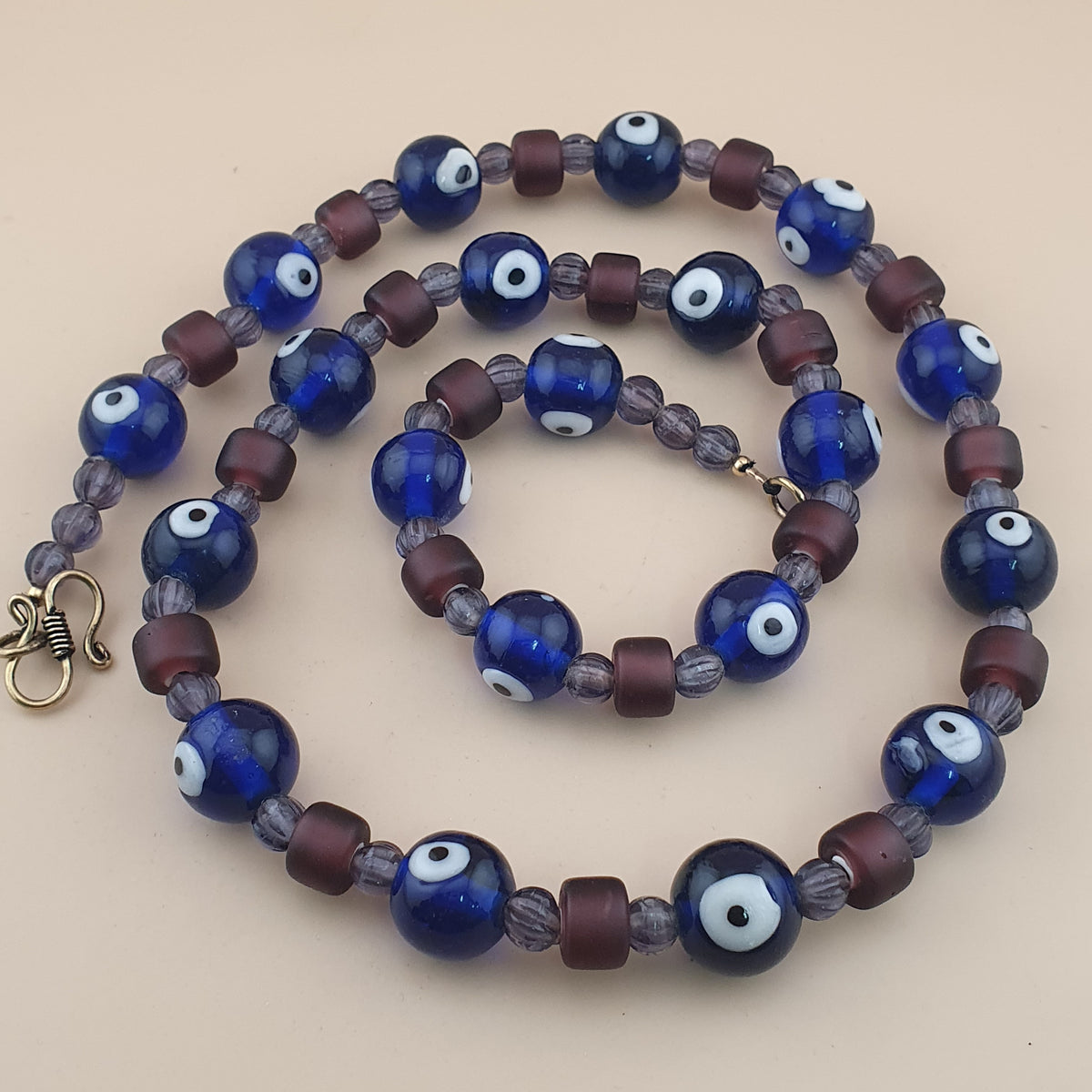 Collier de perles de verre style vénitien vintage « Evil Eyes » et « WhiteHeart » violet