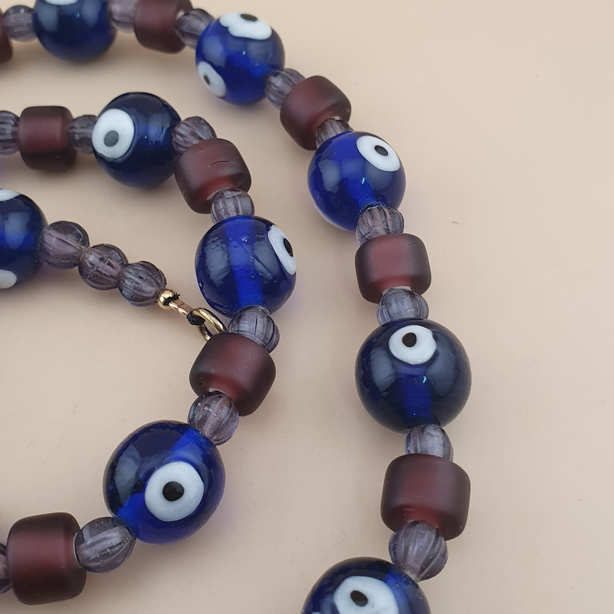 Collier de perles de verre style vénitien vintage « Evil Eyes » et « WhiteHeart » violet