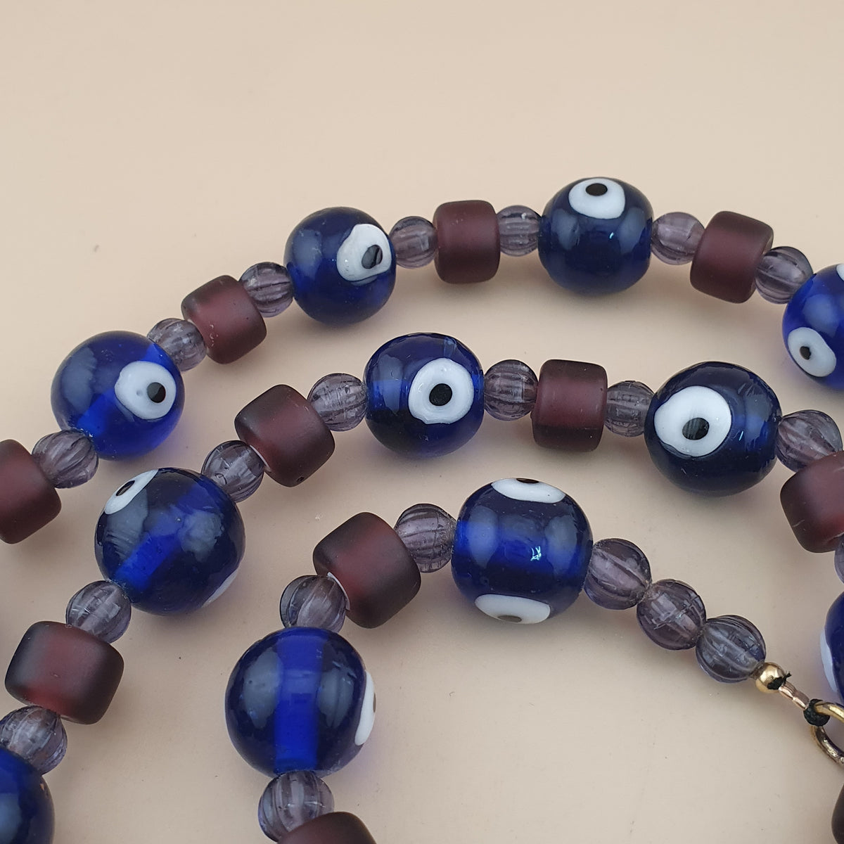 Collier de perles de verre style vénitien vintage « Evil Eyes » et « WhiteHeart » violet