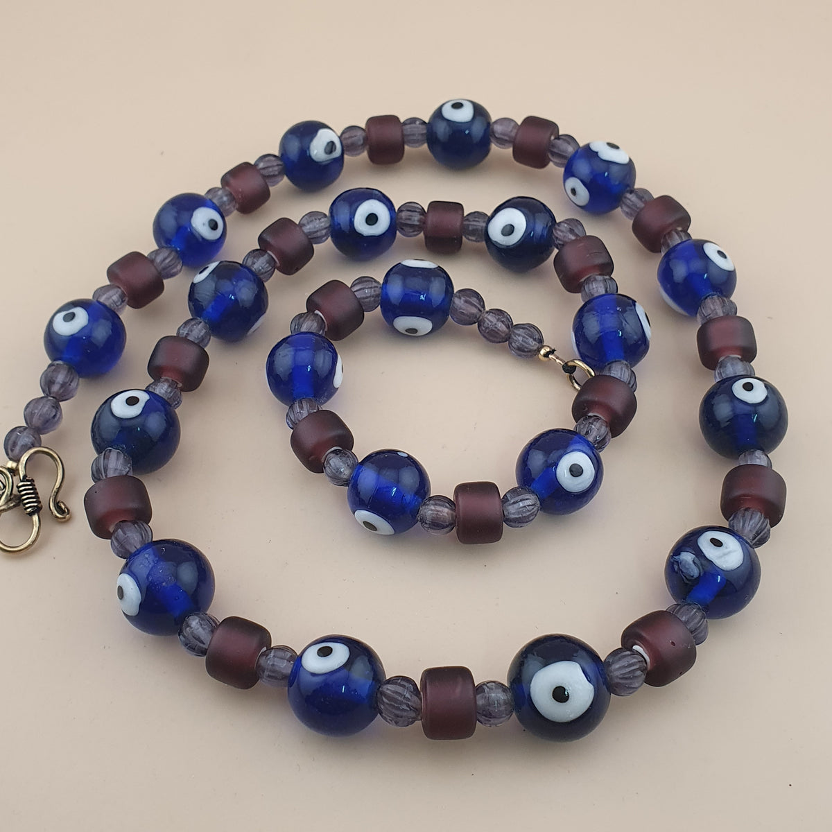 Collier de perles de verre style vénitien vintage « Evil Eyes » et « WhiteHeart » violet