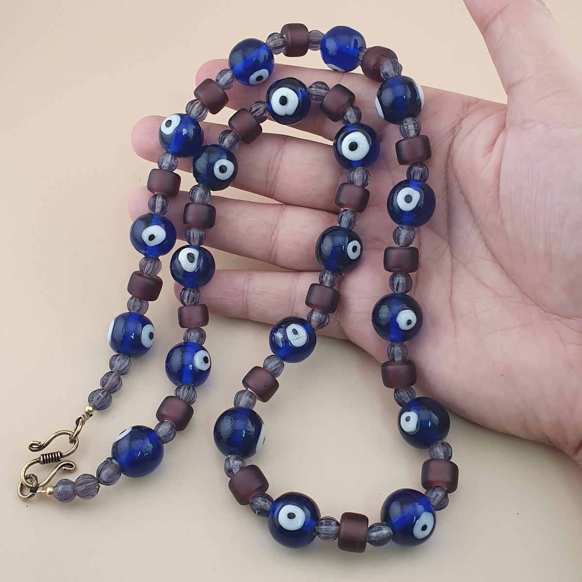 Collier de perles de verre style vénitien vintage « Evil Eyes » et « WhiteHeart » violet