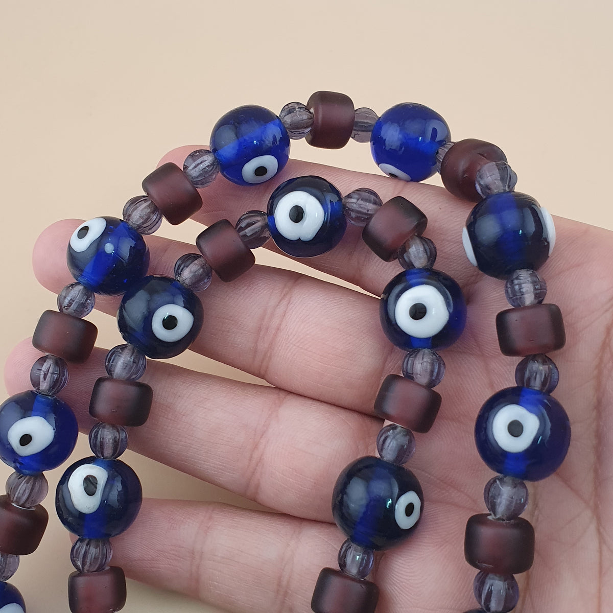 Collier de perles de verre style vénitien vintage « Evil Eyes » et « WhiteHeart » violet