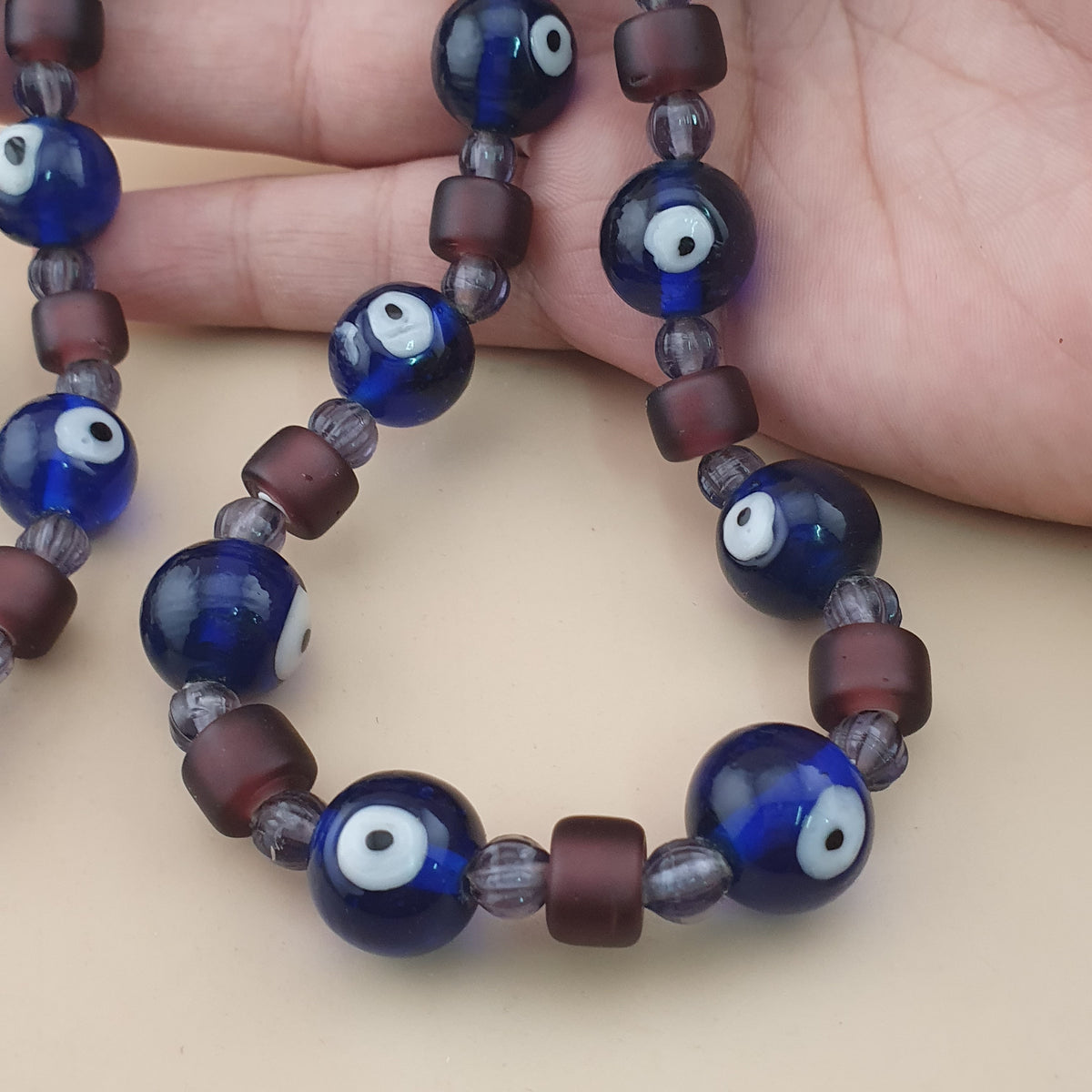 Collier de perles de verre style vénitien vintage « Evil Eyes » et « WhiteHeart » violet