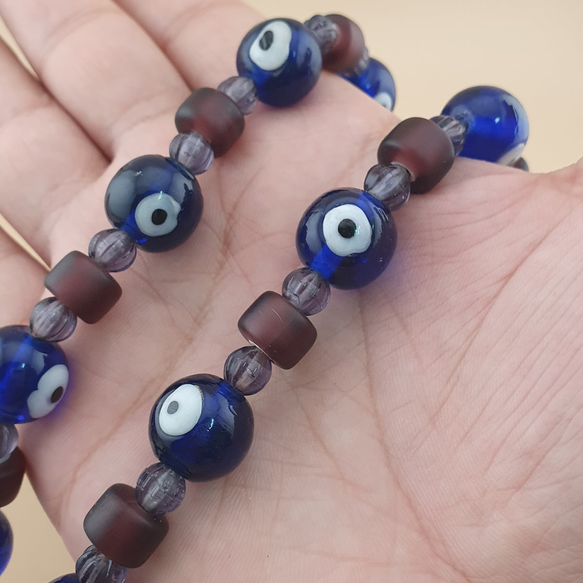 Collier de perles de verre style vénitien vintage « Evil Eyes » et « WhiteHeart » violet