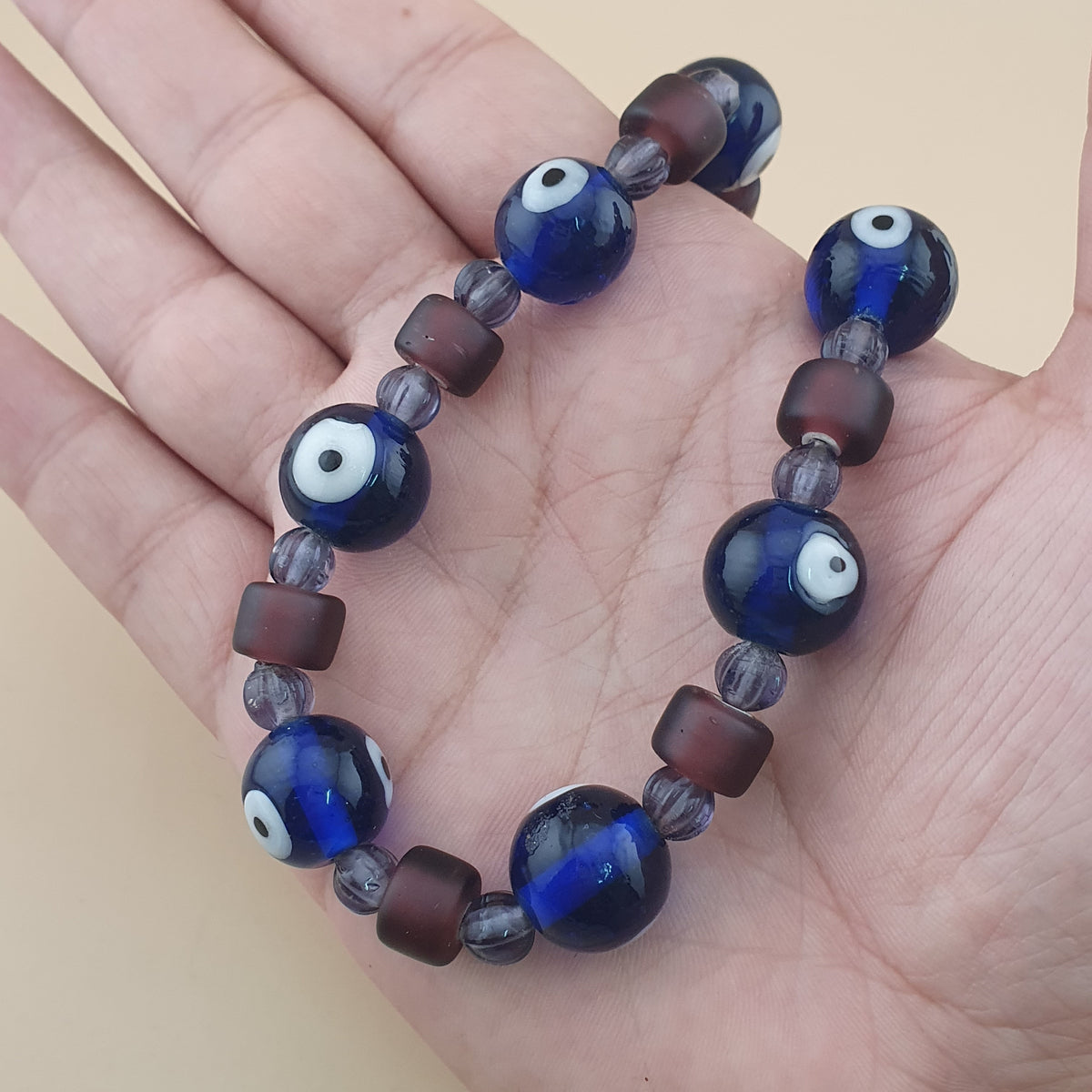 Collier de perles de verre style vénitien vintage « Evil Eyes » et « WhiteHeart » violet
