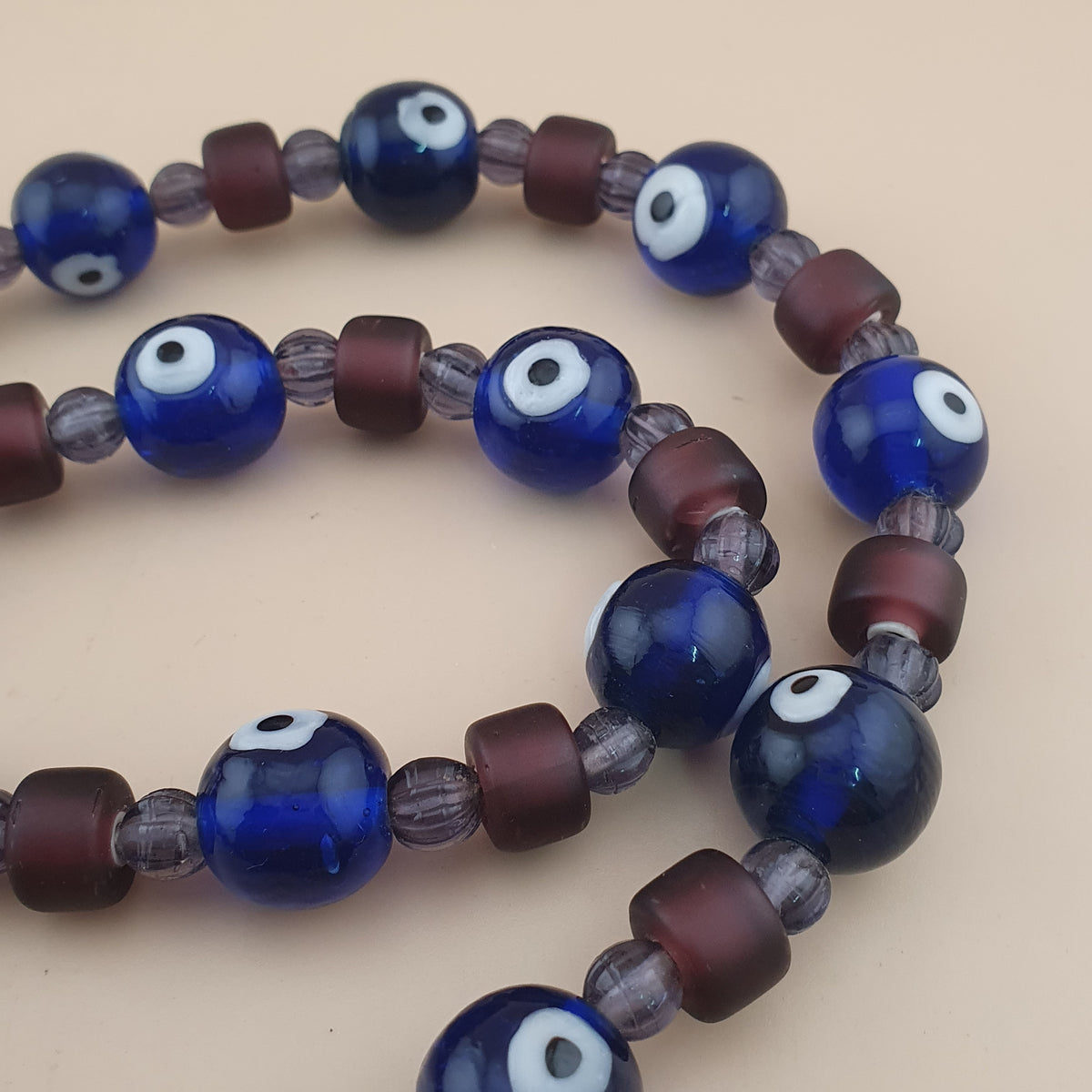 Collier de perles de verre style vénitien vintage « Evil Eyes » et « WhiteHeart » violet