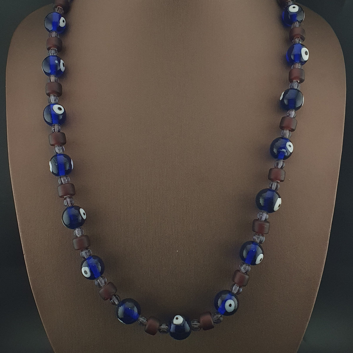 Collier de perles de verre style vénitien vintage « Evil Eyes » et « WhiteHeart » violet