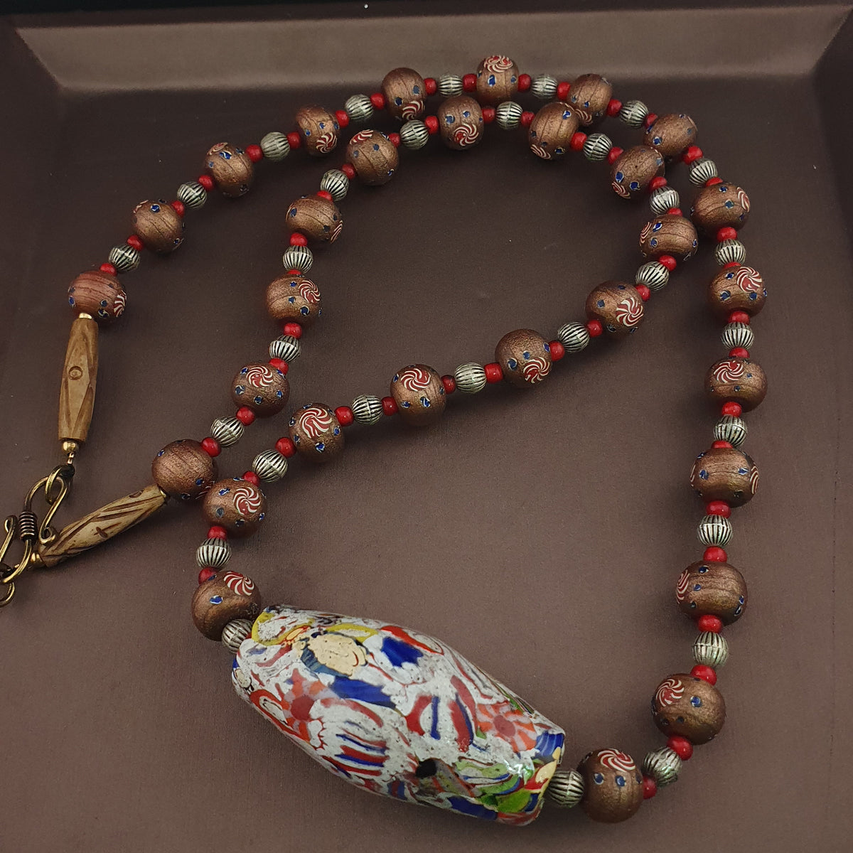 Vintage Venetian Style Floral & Mosiac Mellifori Glass Pendant Necklace