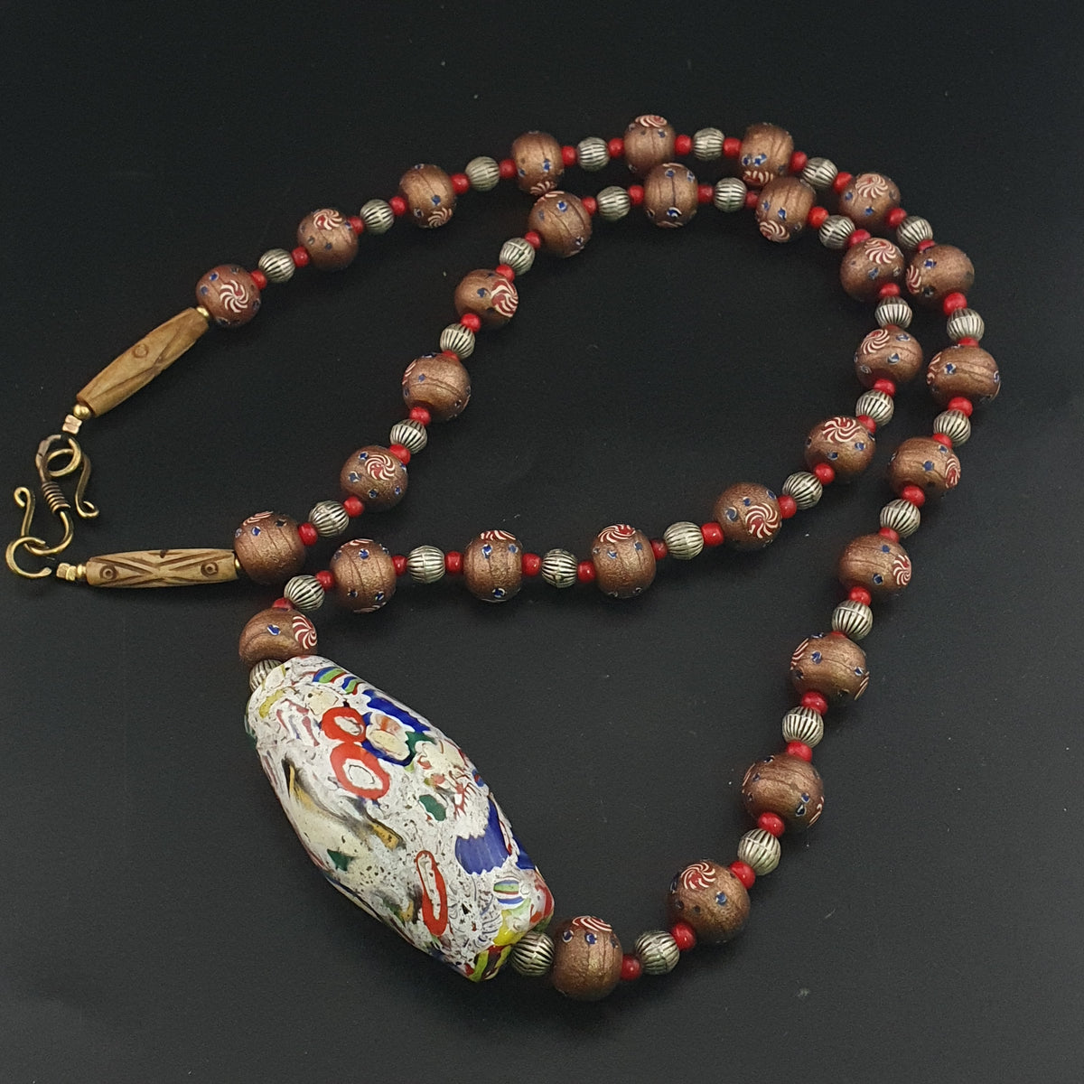 Vintage Venetian Style Floral & Mosiac Mellifori Glass Pendant Necklace