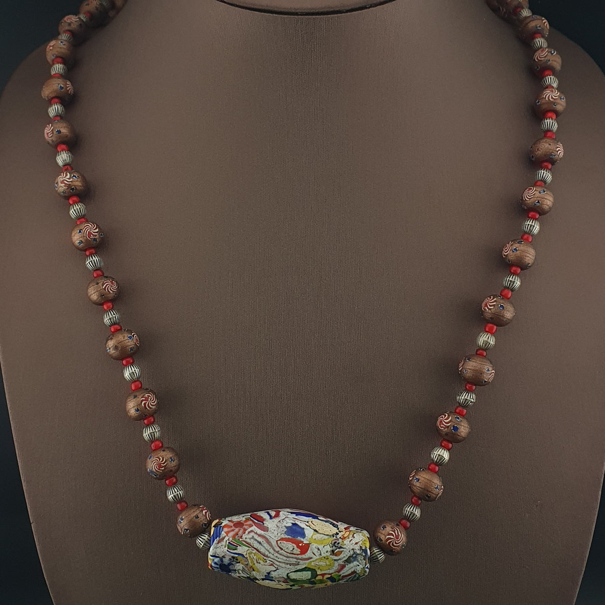 Vintage Venetian Style Floral & Mosiac Mellifori Glass Pendant Necklace