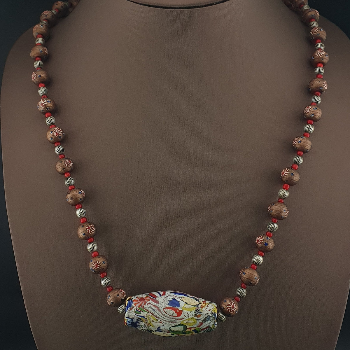 Vintage Venetian Style Floral & Mosiac Mellifori Glass Pendant Necklace