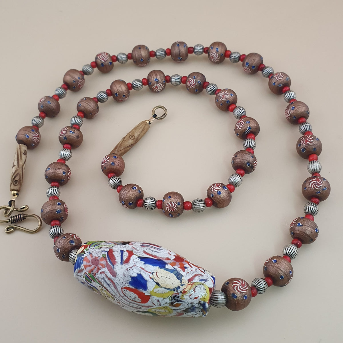 Vintage Venetian Style Floral & Mosiac Mellifori Glass Pendant Necklace