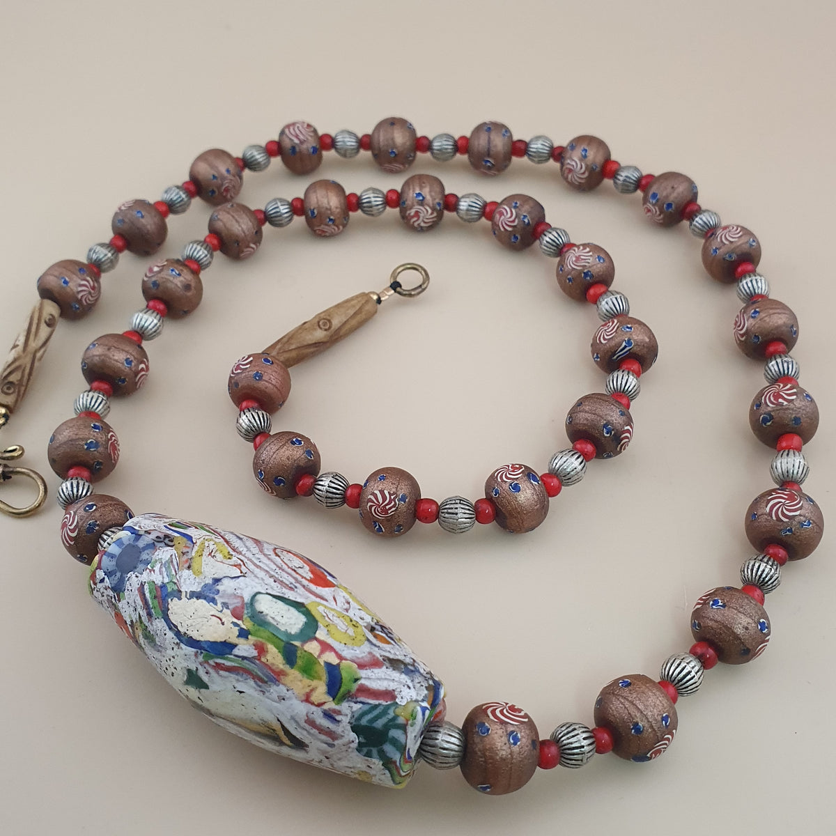 Vintage Venetian Style Floral & Mosiac Mellifori Glass Pendant Necklace