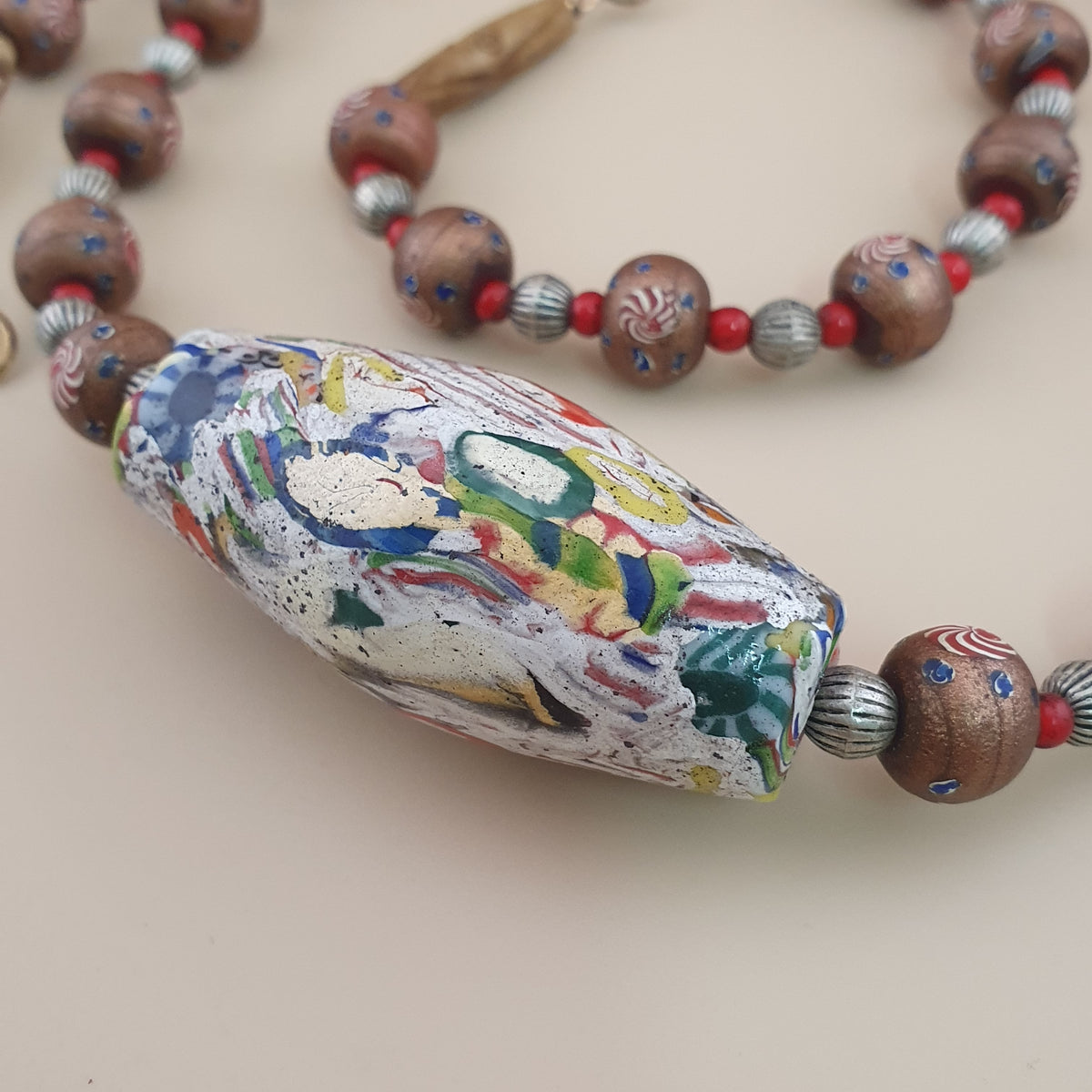 Vintage Venetian Style Floral & Mosiac Mellifori Glass Pendant Necklace