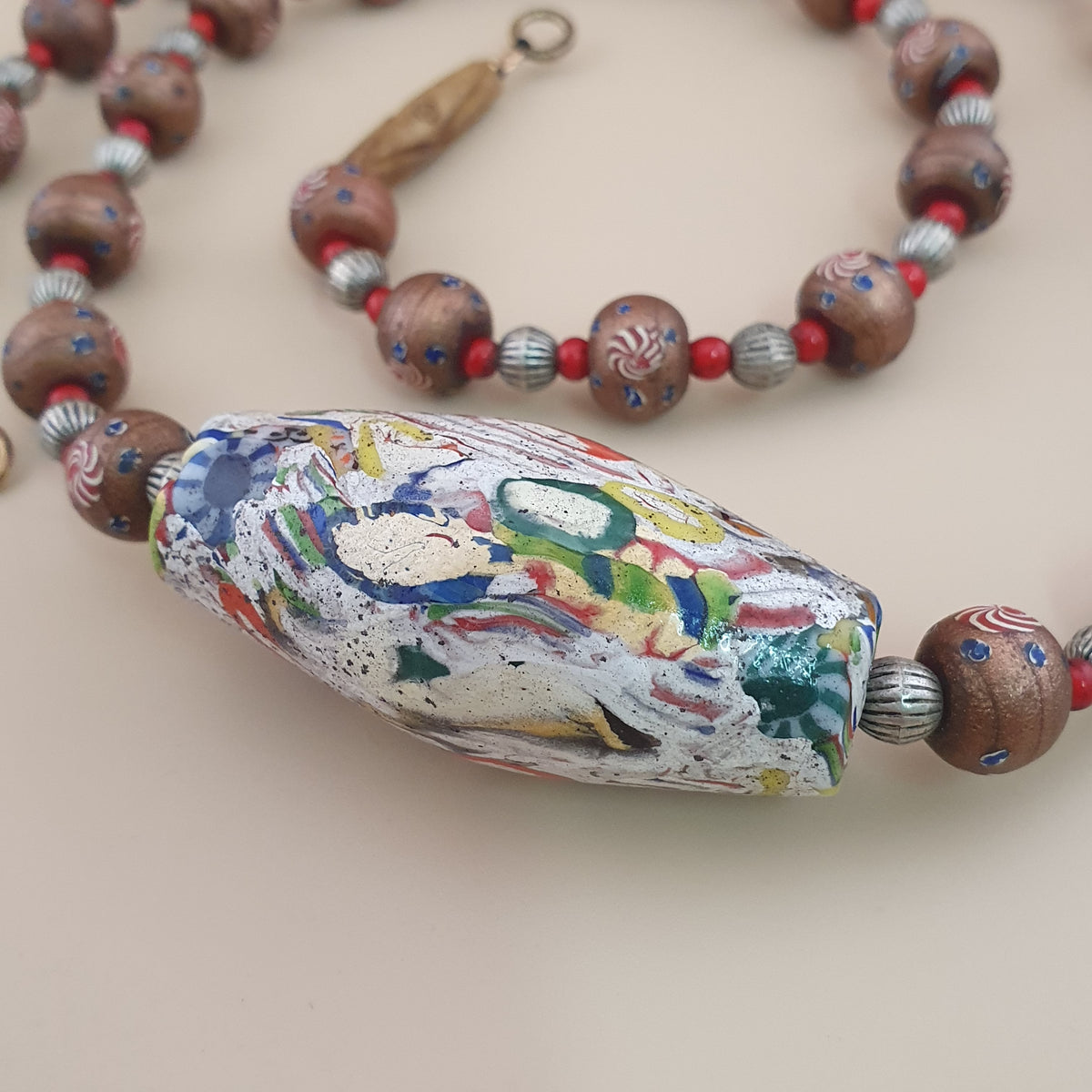 Vintage Venetian Style Floral & Mosiac Mellifori Glass Pendant Necklace