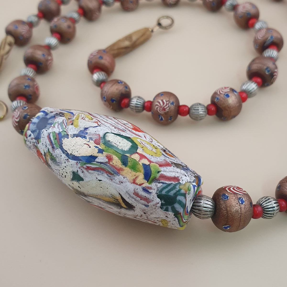 Vintage Venetian Style Floral & Mosiac Mellifori Glass Pendant Necklace