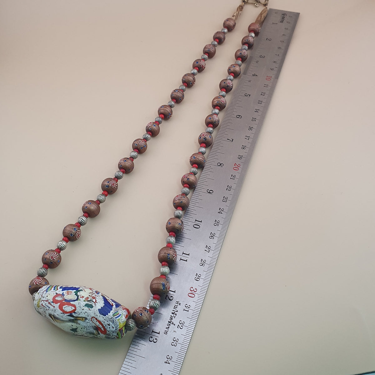 Vintage Venetian Style Floral & Mosiac Mellifori Glass Pendant Necklace
