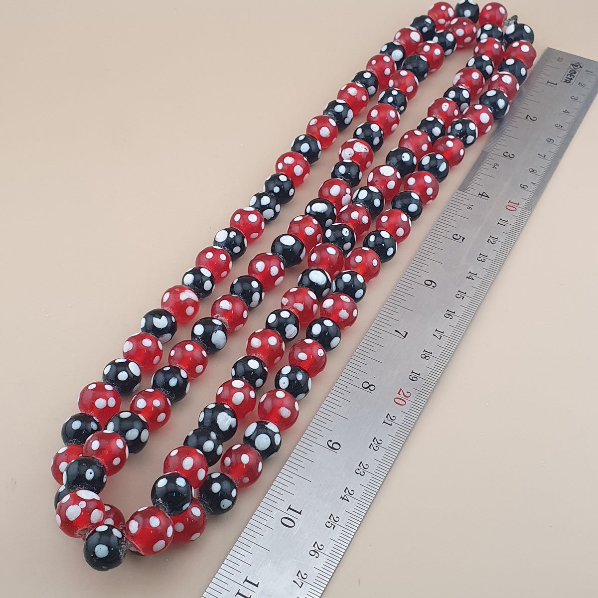 Vintage Venetian Style Dotted Red & Black Glass Beads Necklace Strand