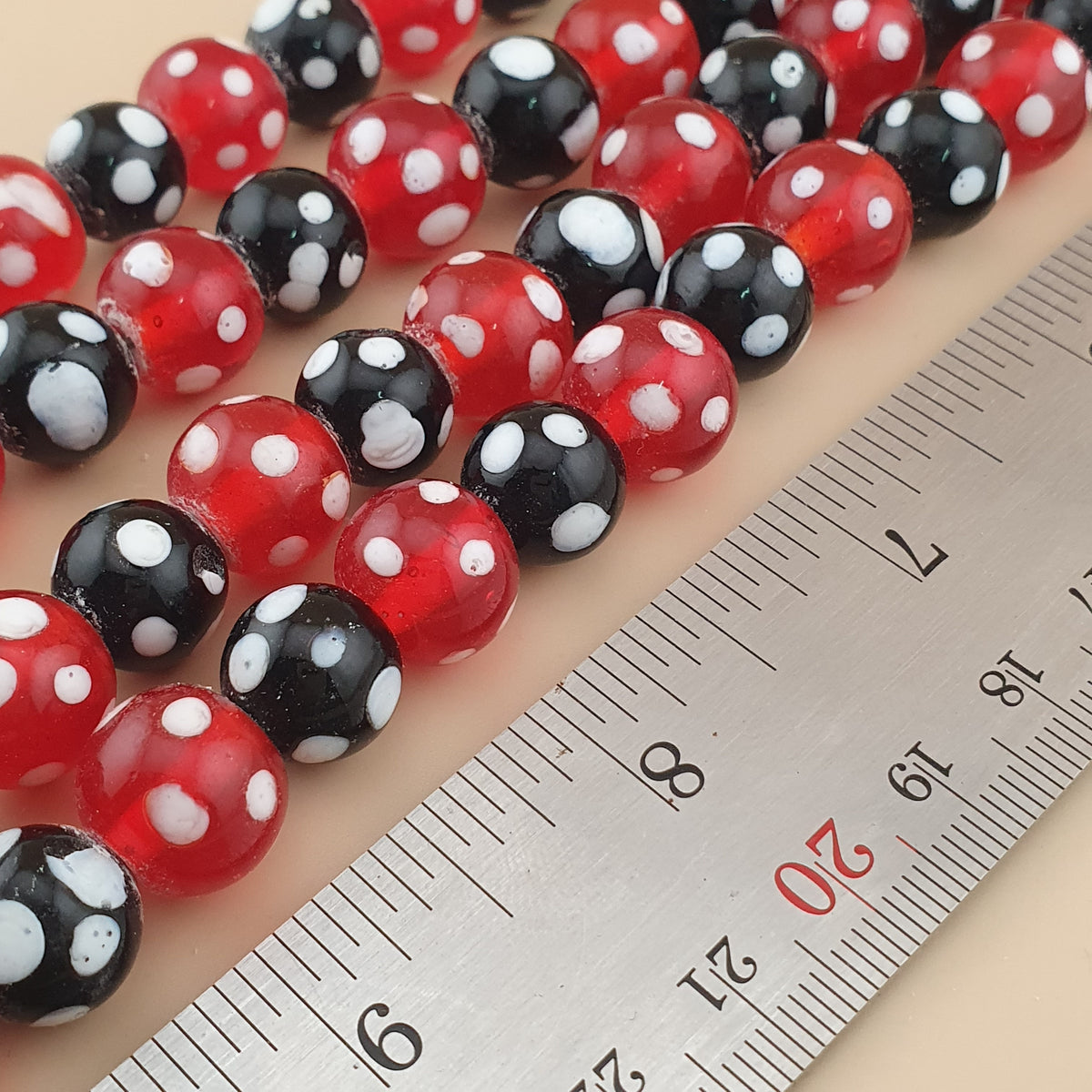 Vintage Venetian Style Dotted Red & Black Glass Beads Necklace Strand