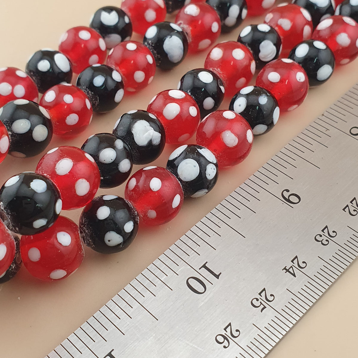 Vintage Venetian Style Dotted Red & Black Glass Beads Necklace Strand