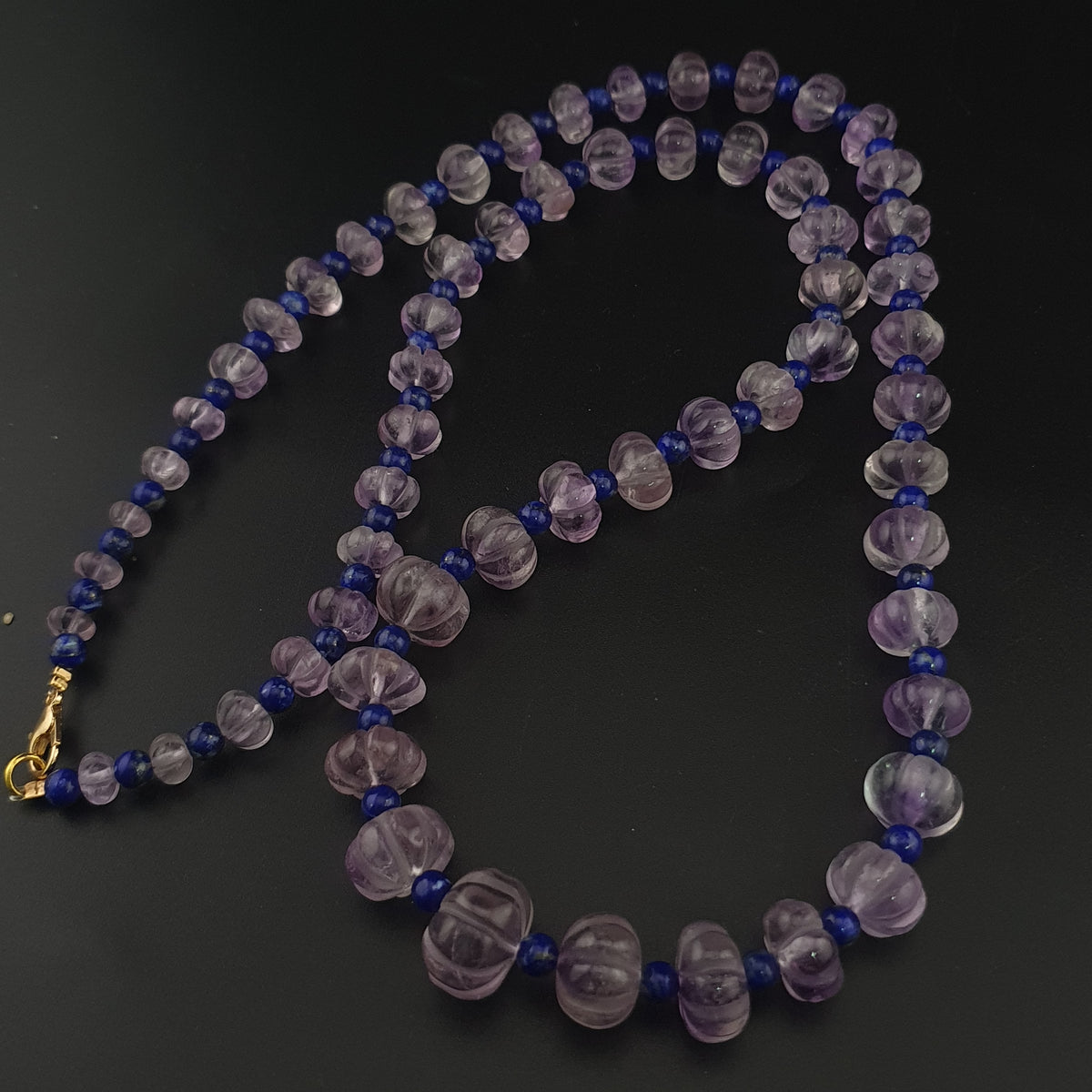 Vintage Melonenform Lila Amethyst mit Lapislazuli Perlen Halskette