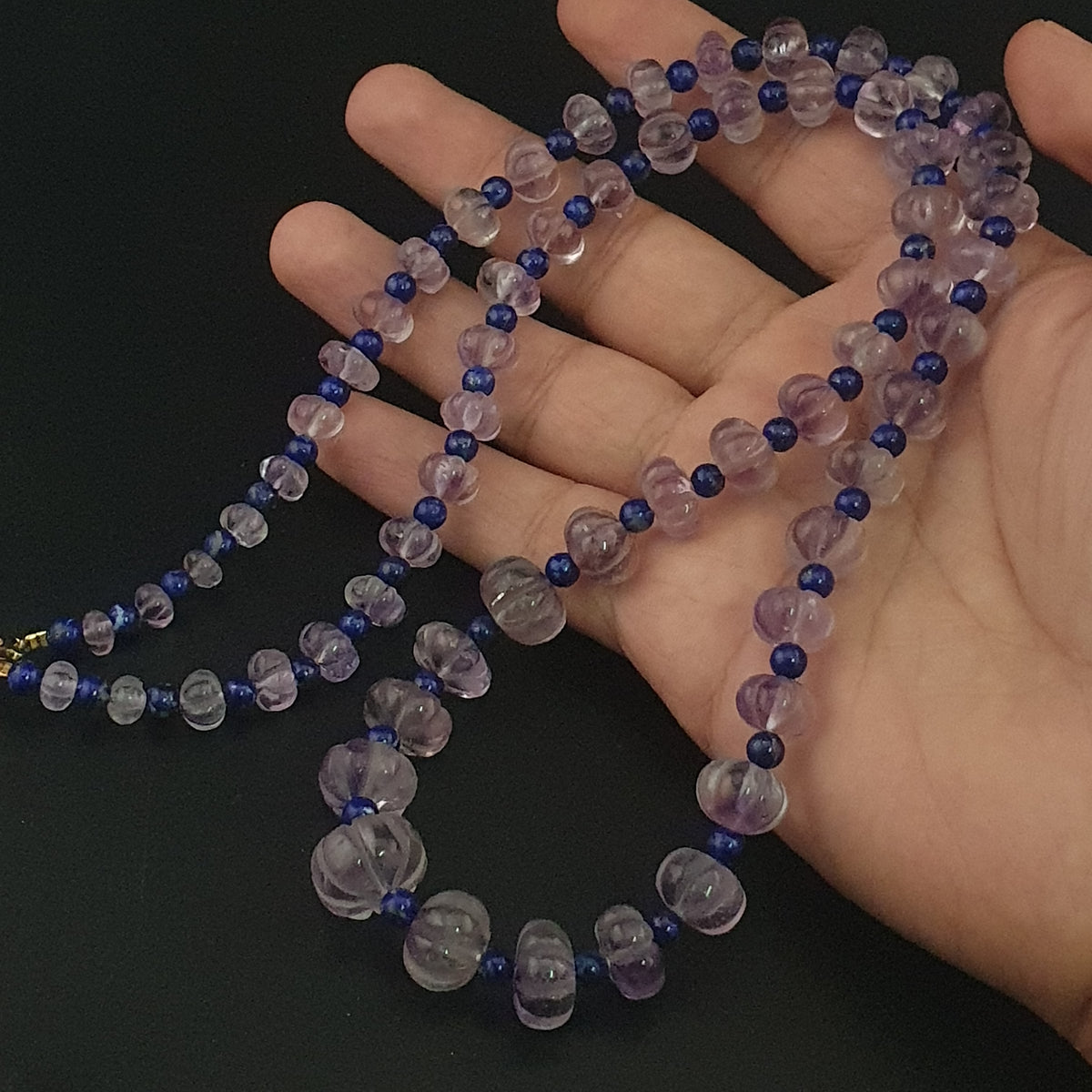 Vintage Melonenform Lila Amethyst mit Lapislazuli Perlen Halskette