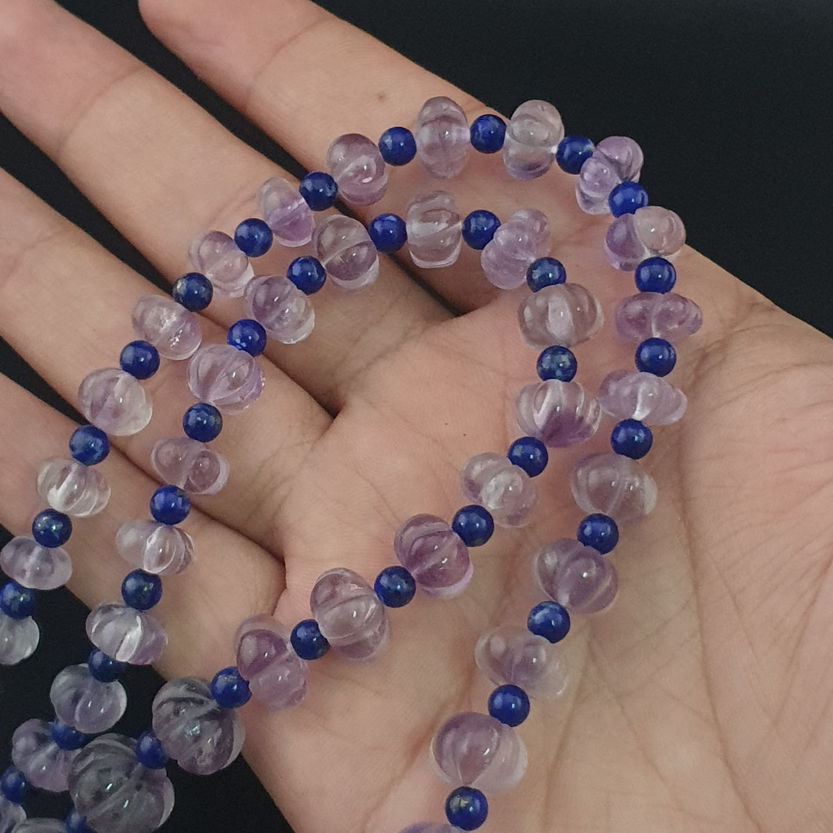 Vintage Melonenform Lila Amethyst mit Lapislazuli Perlen Halskette