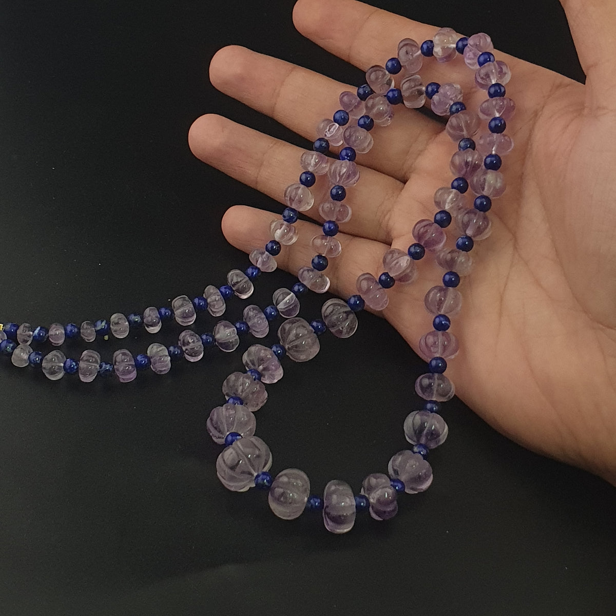 Vintage Melonenform Lila Amethyst mit Lapislazuli Perlen Halskette