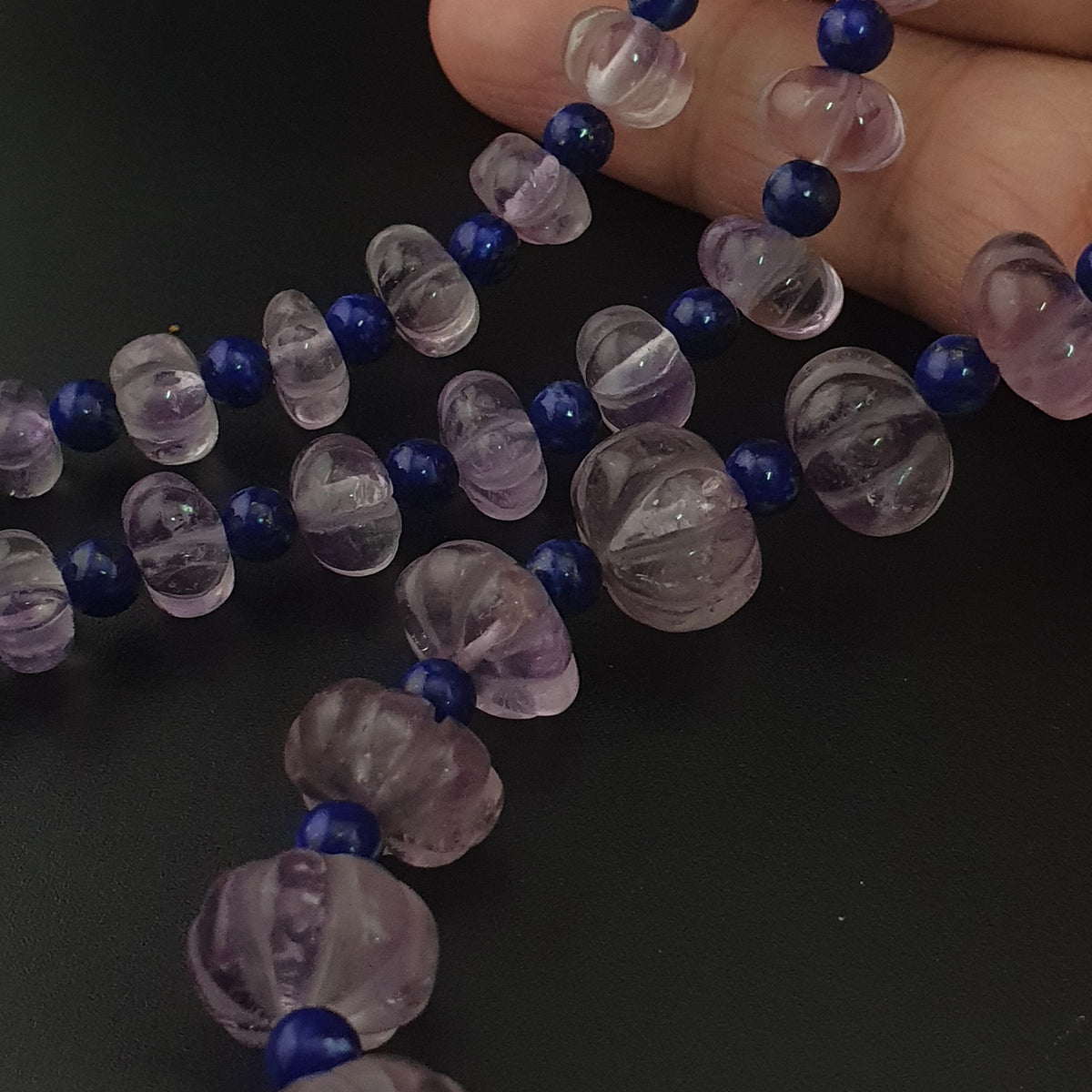 Vintage Melonenform Lila Amethyst mit Lapislazuli Perlen Halskette