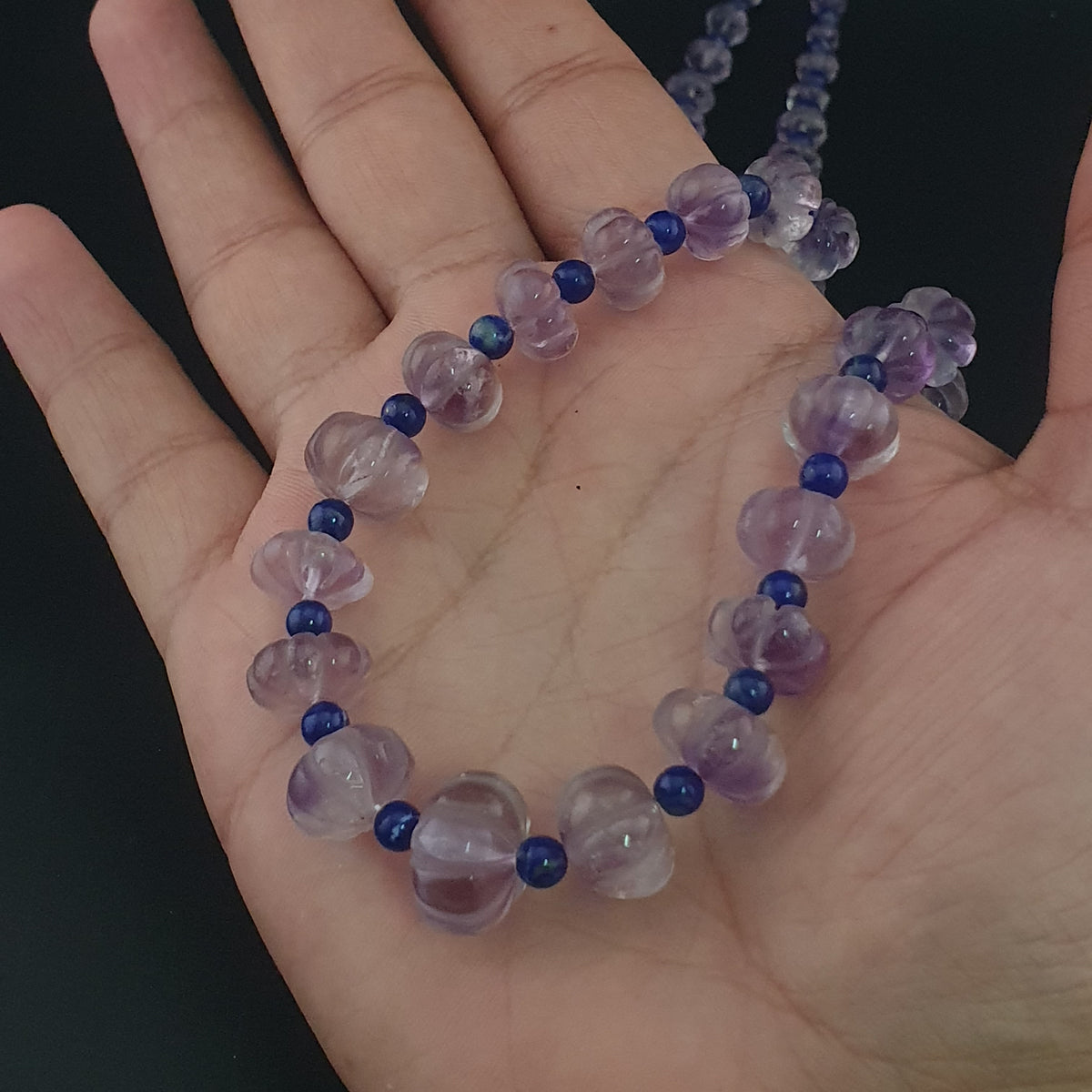 Vintage Melonenform Lila Amethyst mit Lapislazuli Perlen Halskette