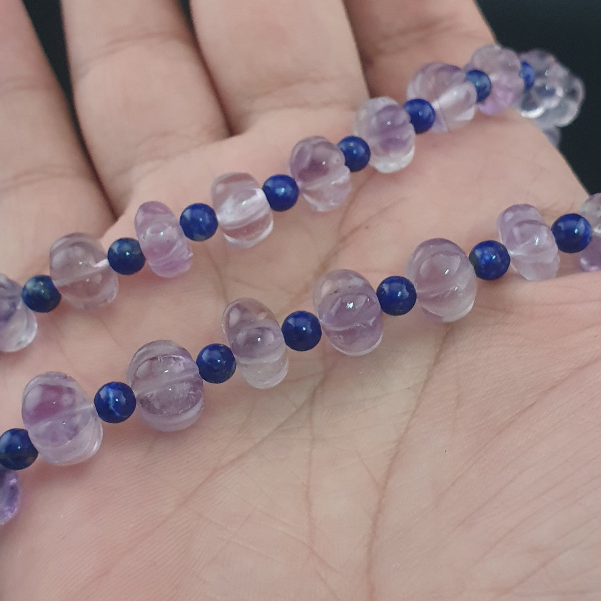 Vintage Melonenform Lila Amethyst mit Lapislazuli Perlen Halskette