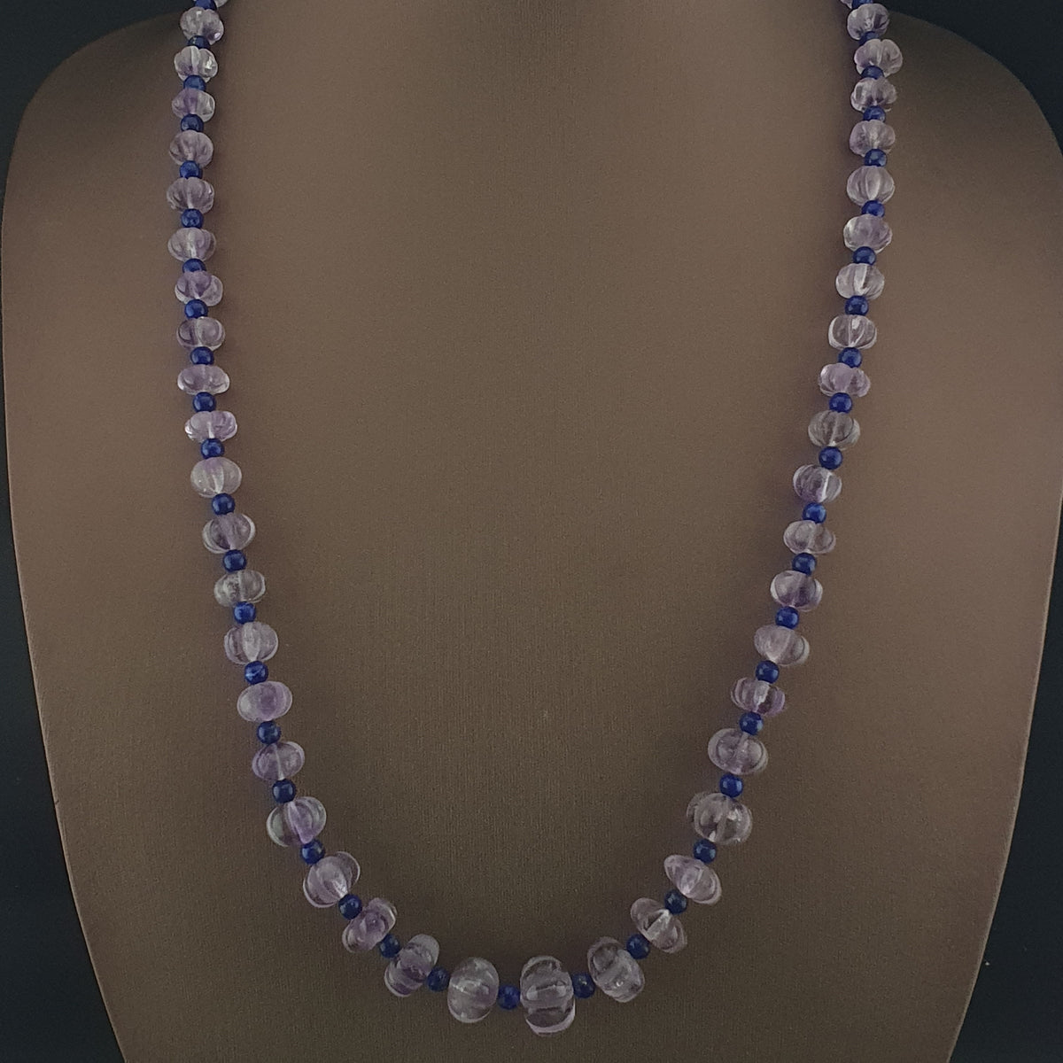 Vintage Melonenform Lila Amethyst mit Lapislazuli Perlen Halskette