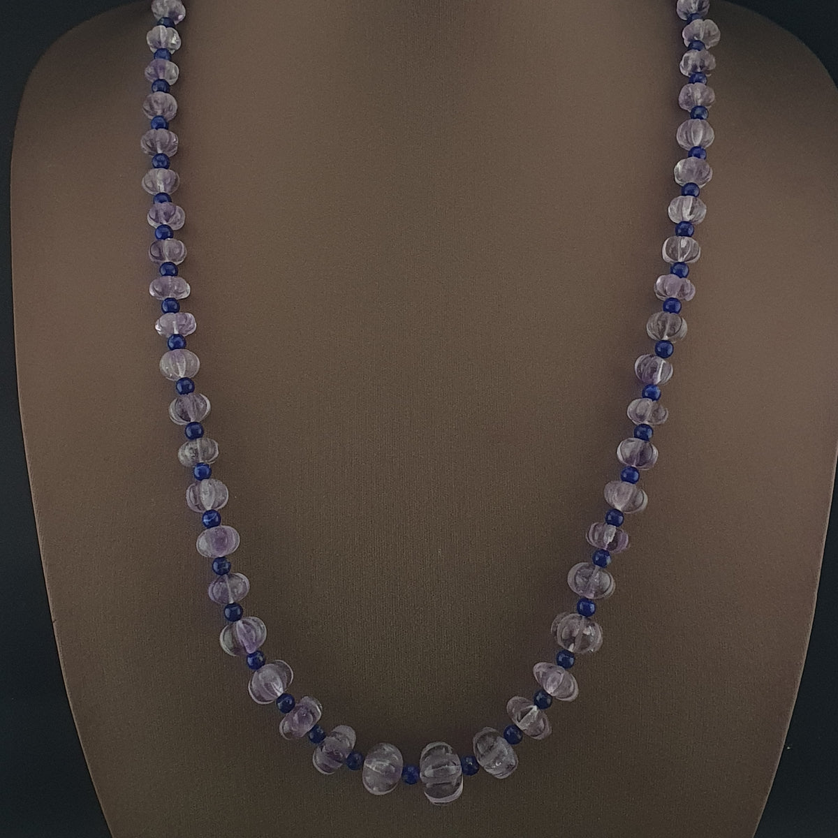 Vintage Melonenform Lila Amethyst mit Lapislazuli Perlen Halskette