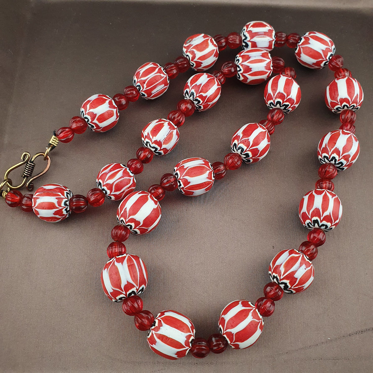 Vintage Venetian Style Chevrons & Melon Shape African Glass Beads Necklace