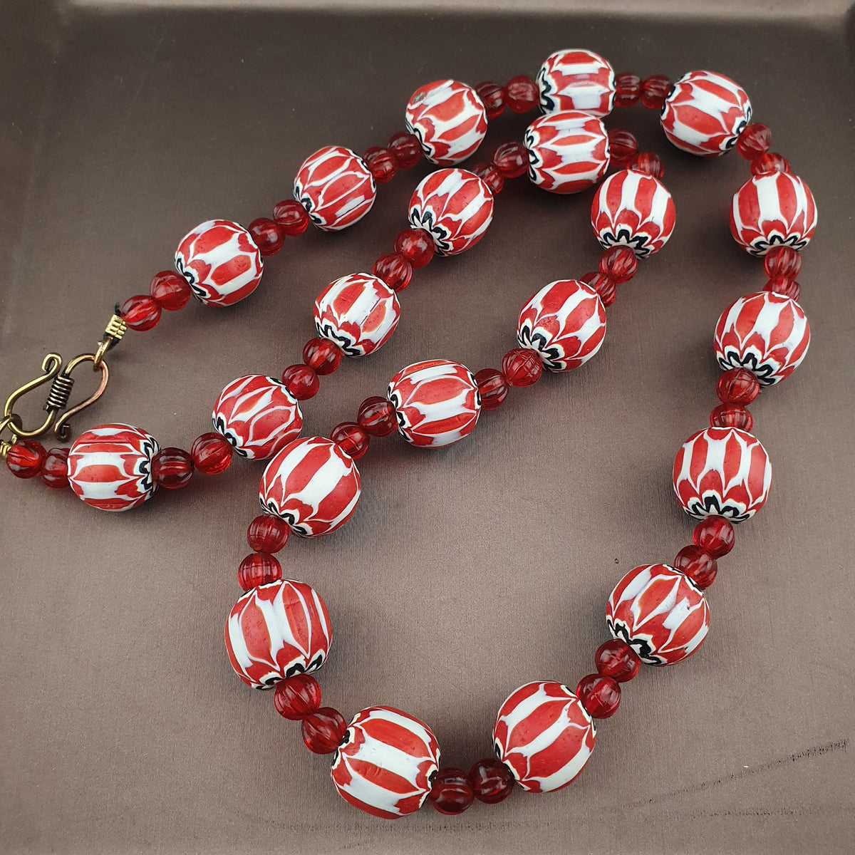 Vintage Venetian Style Chevrons & Melon Shape African Glass Beads Necklace