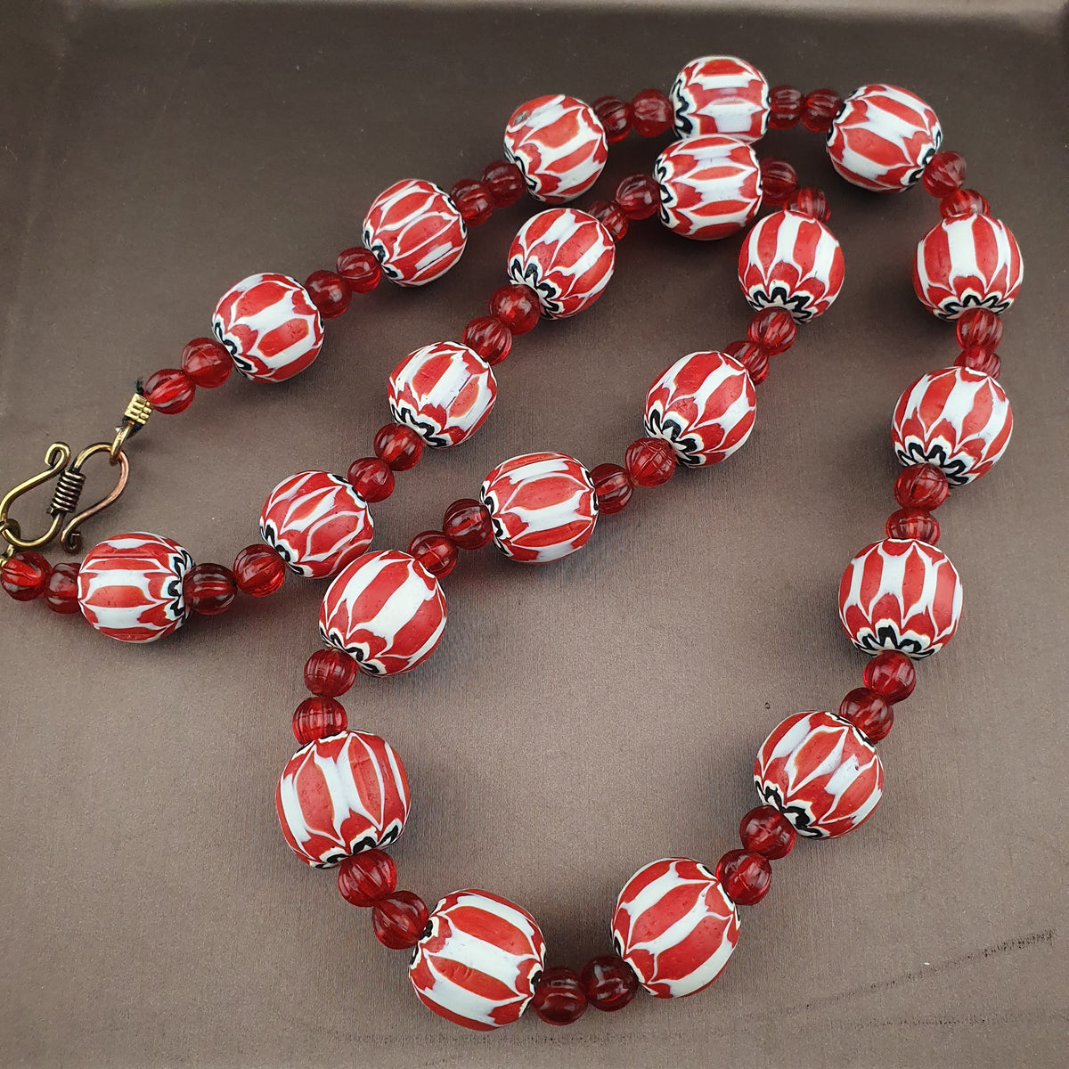 Vintage Venetian Style Chevrons & Melon Shape African Glass Beads Necklace