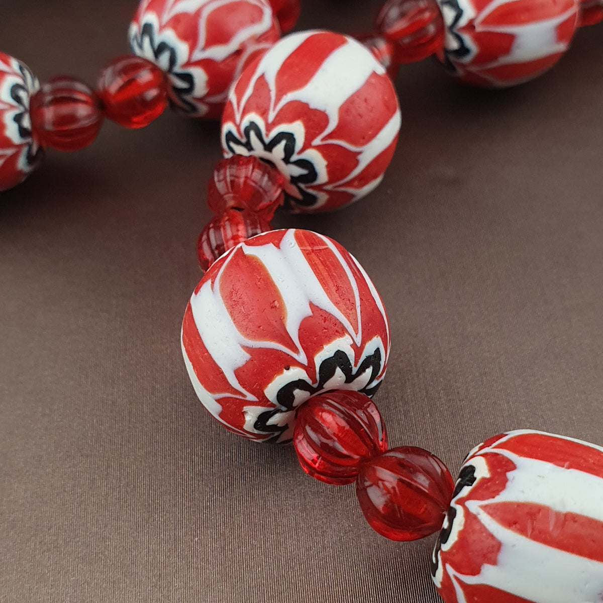 Vintage Venetian Style Chevrons & Melon Shape African Glass Beads Necklace