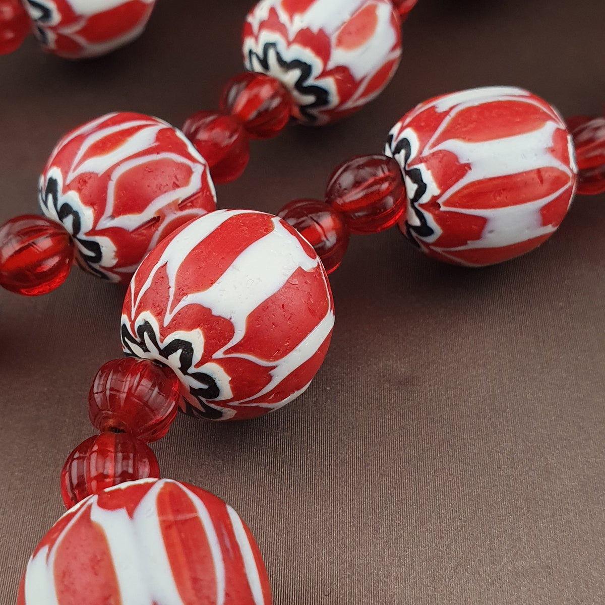 Vintage Venetian Style Chevrons & Melon Shape African Glass Beads Necklace