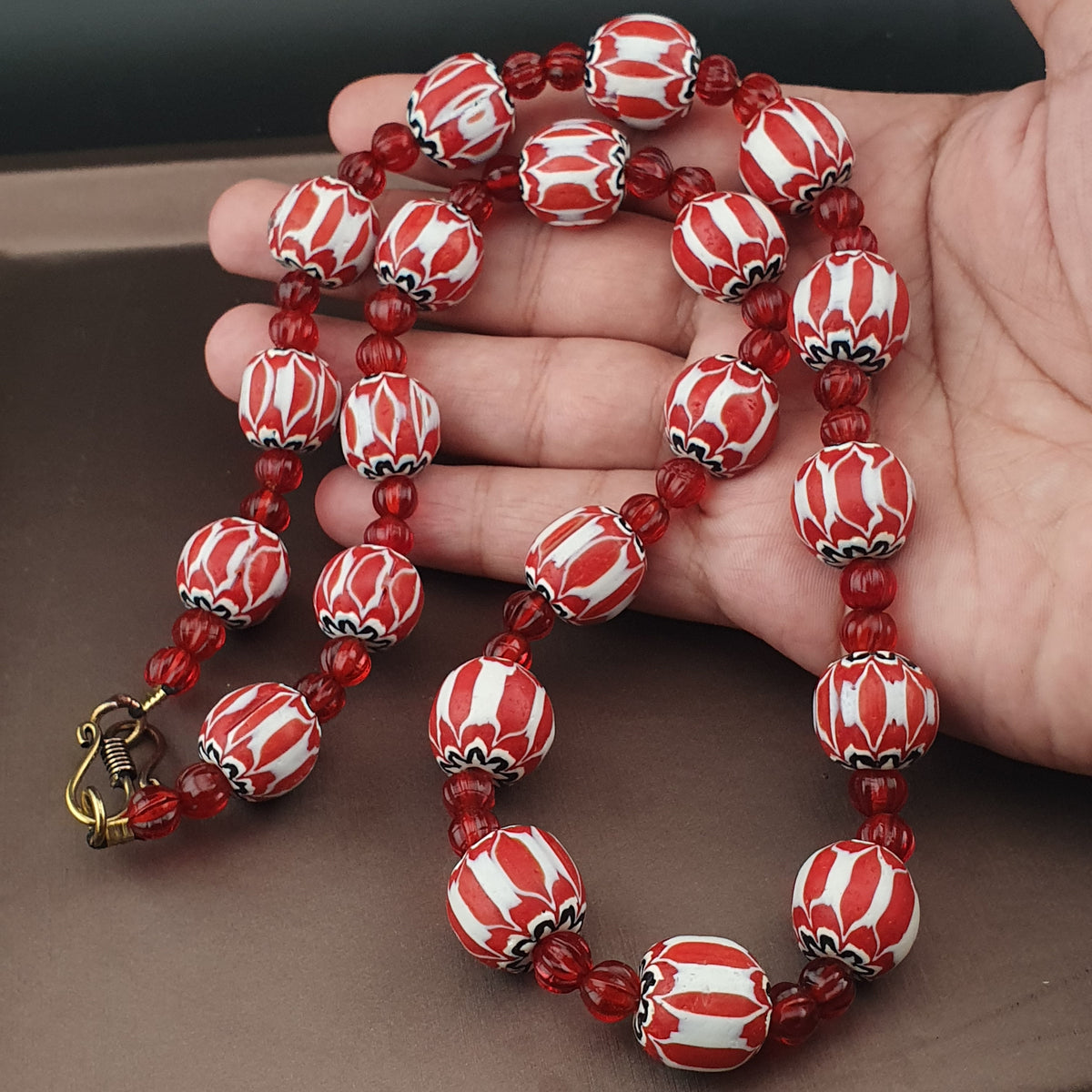 Vintage Venetian Style Chevrons & Melon Shape African Glass Beads Necklace