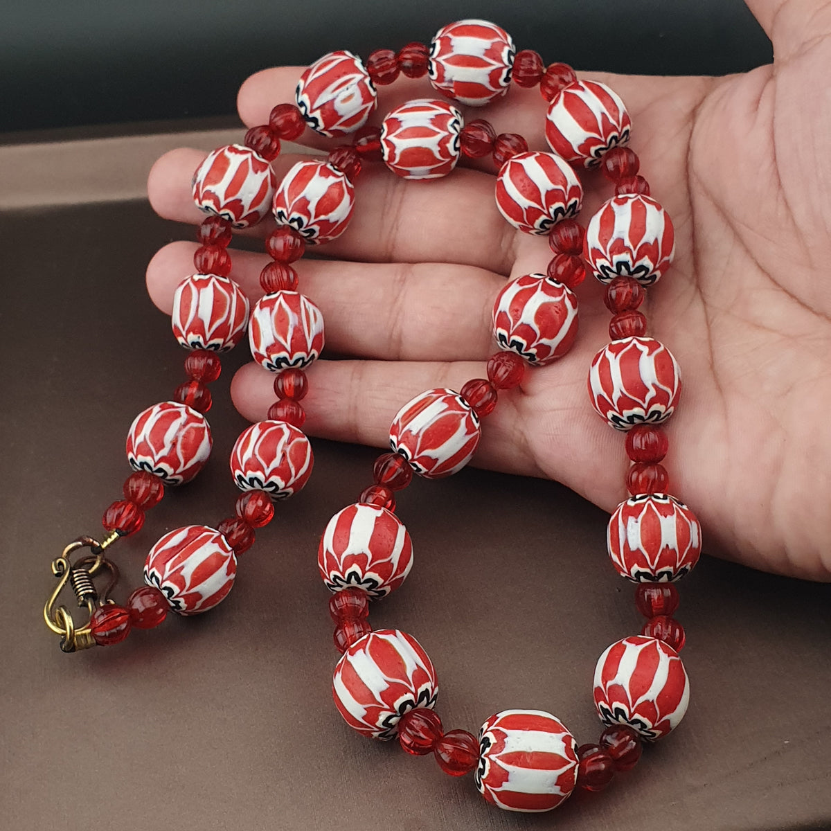 Vintage Venetian Style Chevrons & Melon Shape African Glass Beads Necklace