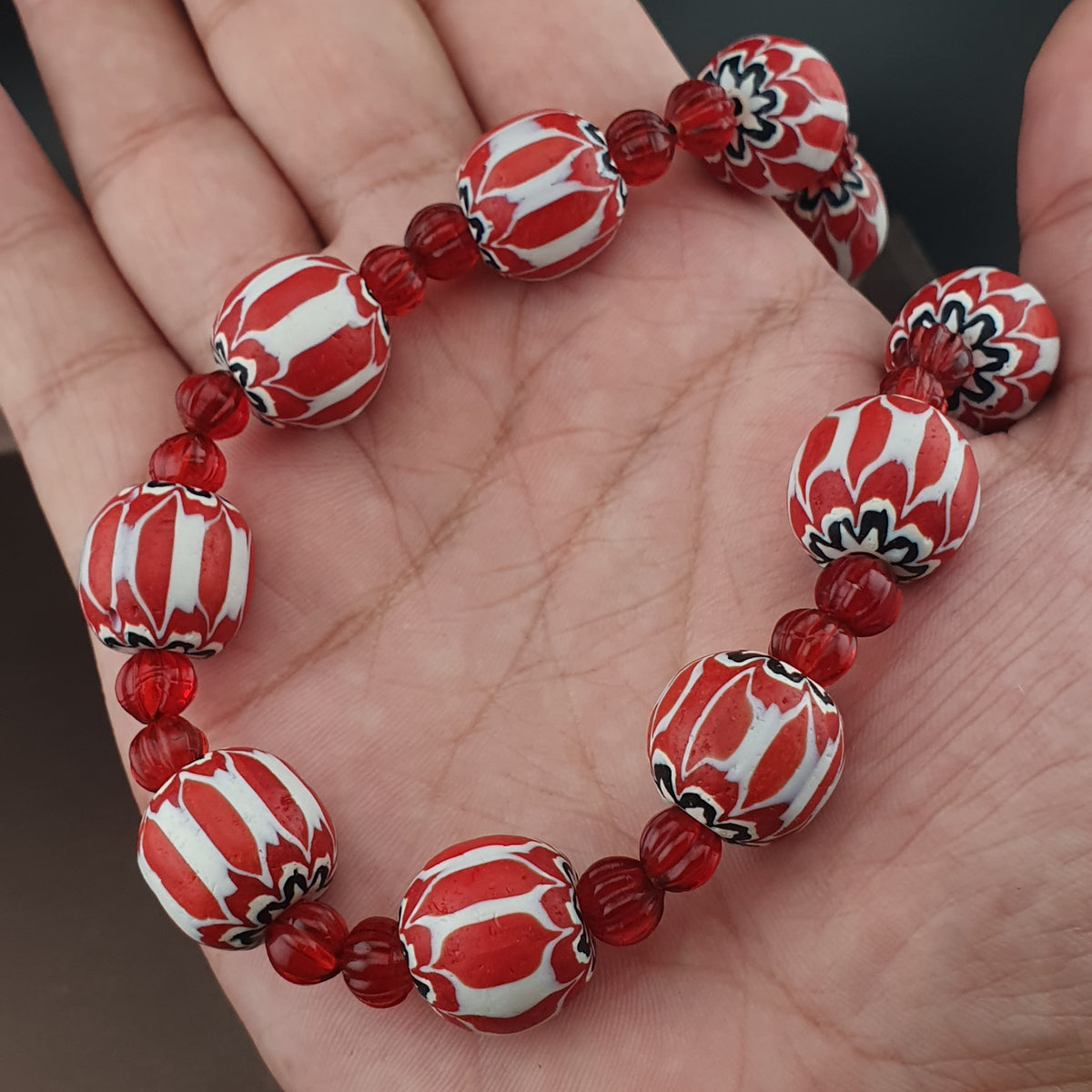 Vintage Venetian Style Chevrons & Melon Shape African Glass Beads Necklace