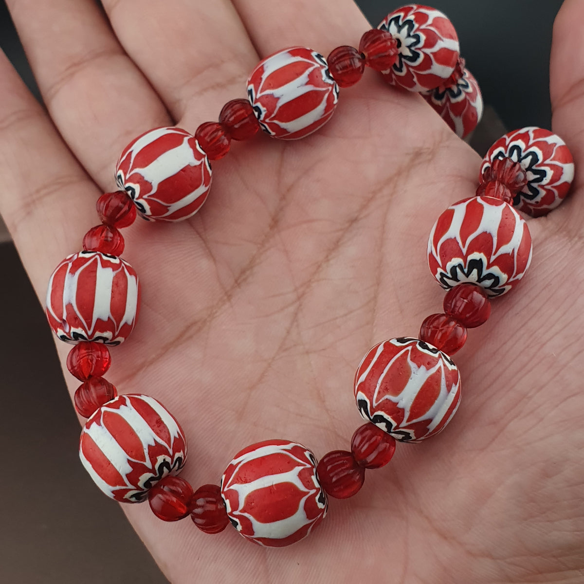 Vintage Venetian Style Chevrons & Melon Shape African Glass Beads Necklace