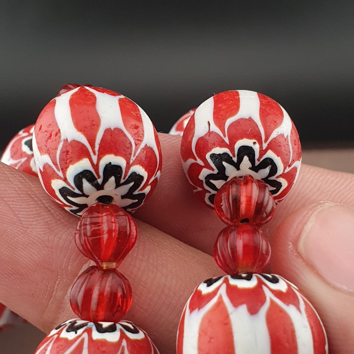 Vintage Venetian Style Chevrons & Melon Shape African Glass Beads Necklace