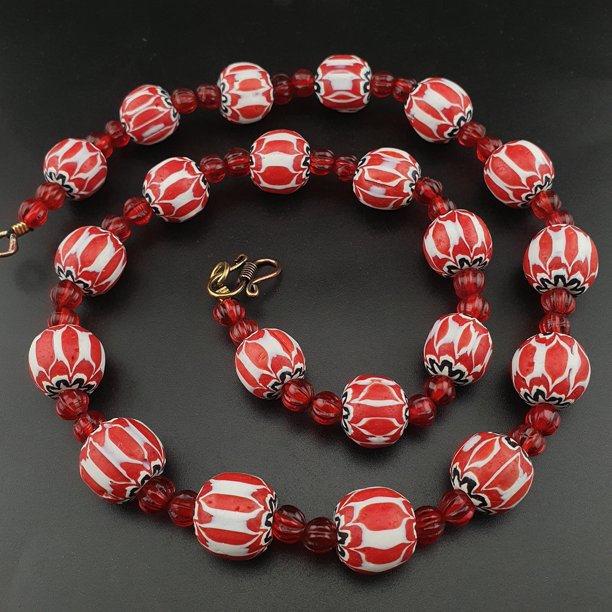 Vintage Venetian Style Chevrons & Melon Shape African Glass Beads Necklace