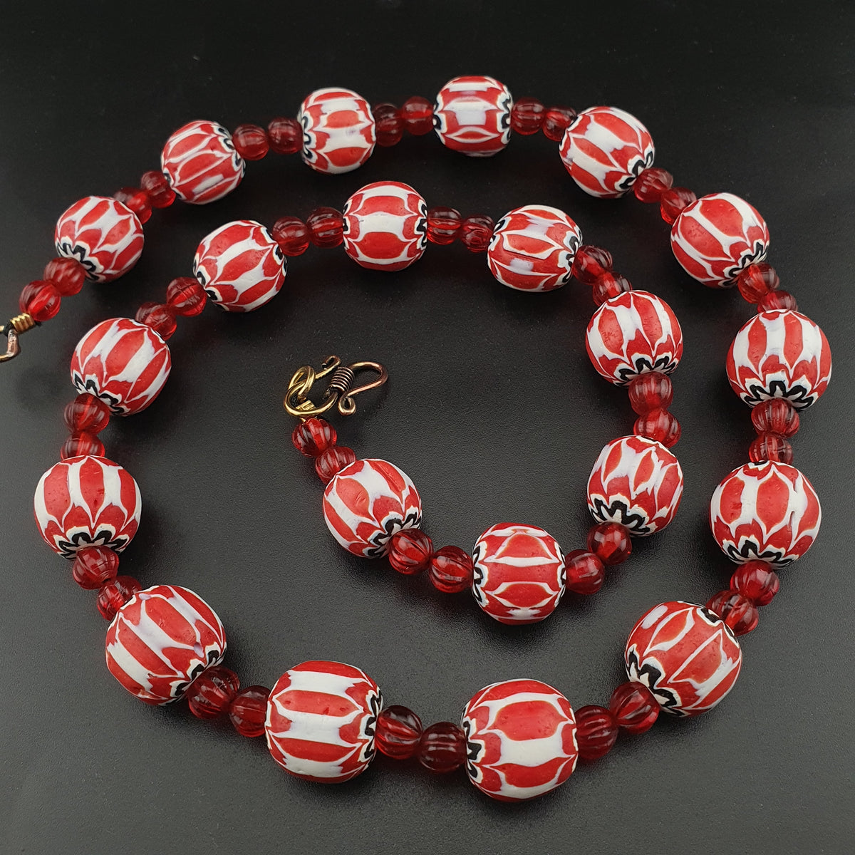 Vintage Venetian Style Chevrons & Melon Shape African Glass Beads Necklace